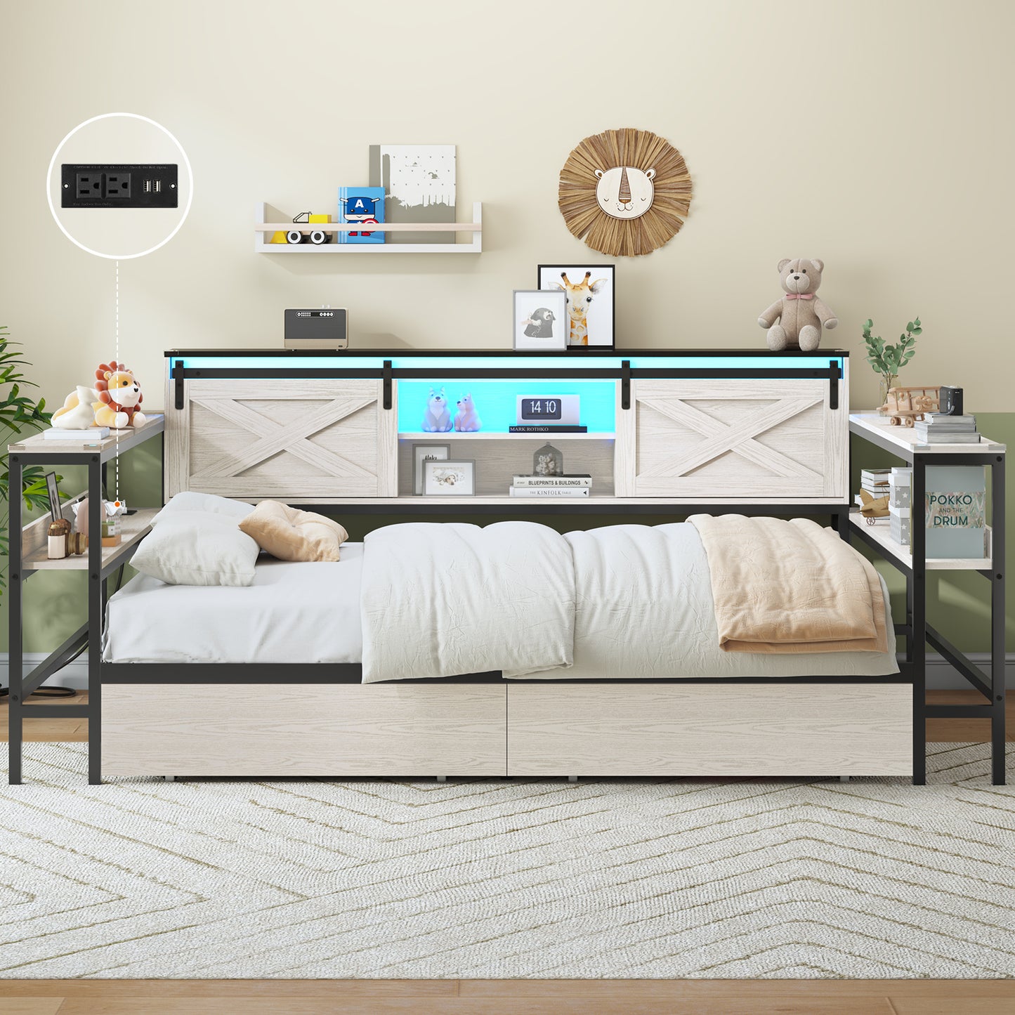 Hasuit | Corner Bed with Drawers and Bookcase Storage Shelves Farmhouse Wooden Daybed with Charging Station & LED Light Black&White Three Sizes