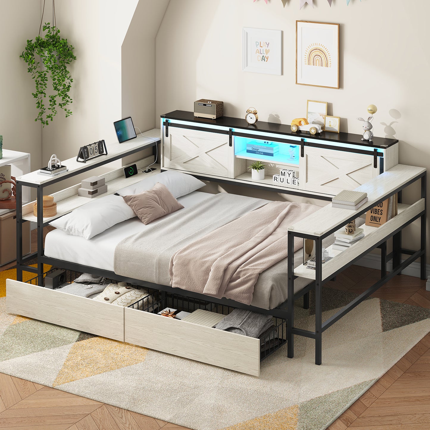 Hasuit | Corner Bed with Drawers and Bookcase Storage Shelves Farmhouse Wooden Daybed with Charging Station & LED Light Black&White Three Sizes