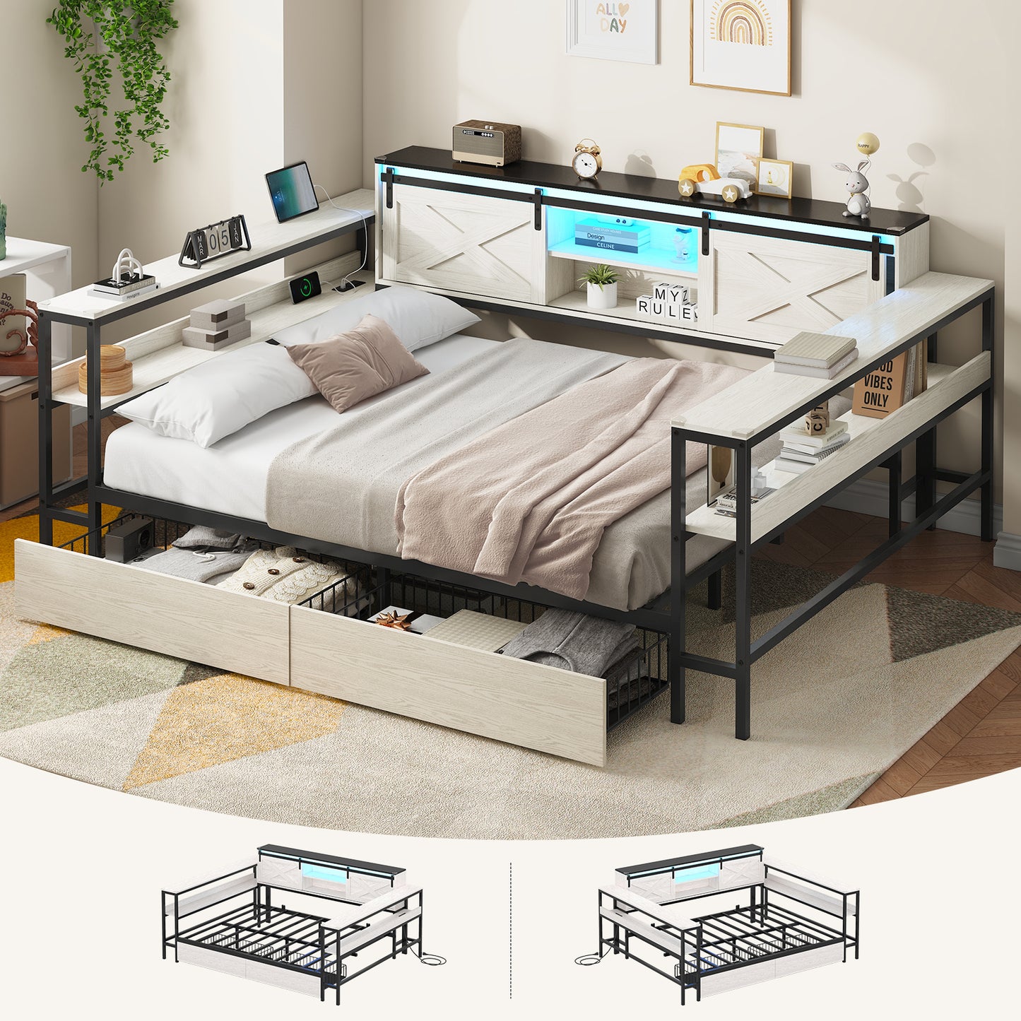 Hasuit | Corner Bed with Drawers and Bookcase Storage Shelves Farmhouse Wooden Daybed with Charging Station & LED Light Black&White Three Sizes