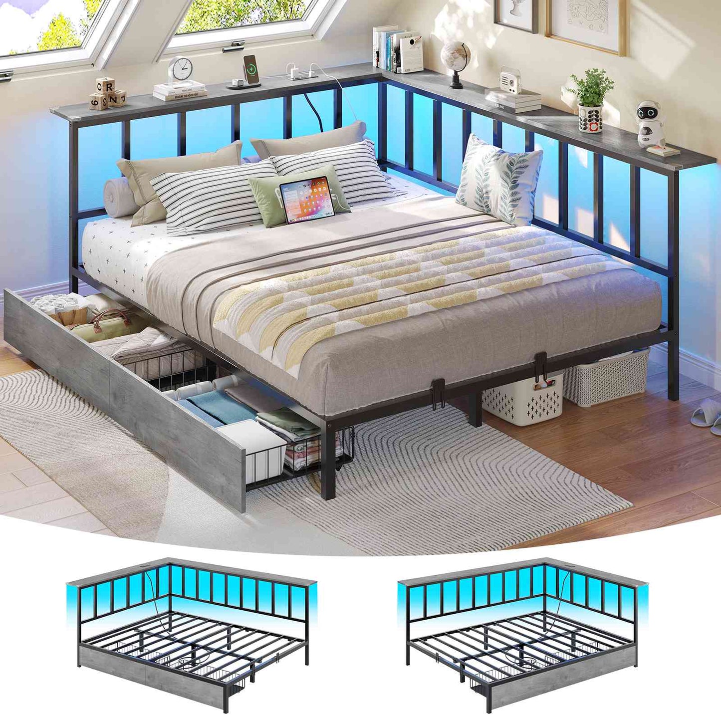 Hasuit | Corner Bed Frame with 2 Storage Drawers Modern Daybed with Charging Station and LED Lights for Kids Teenagers Grey Three Sizes