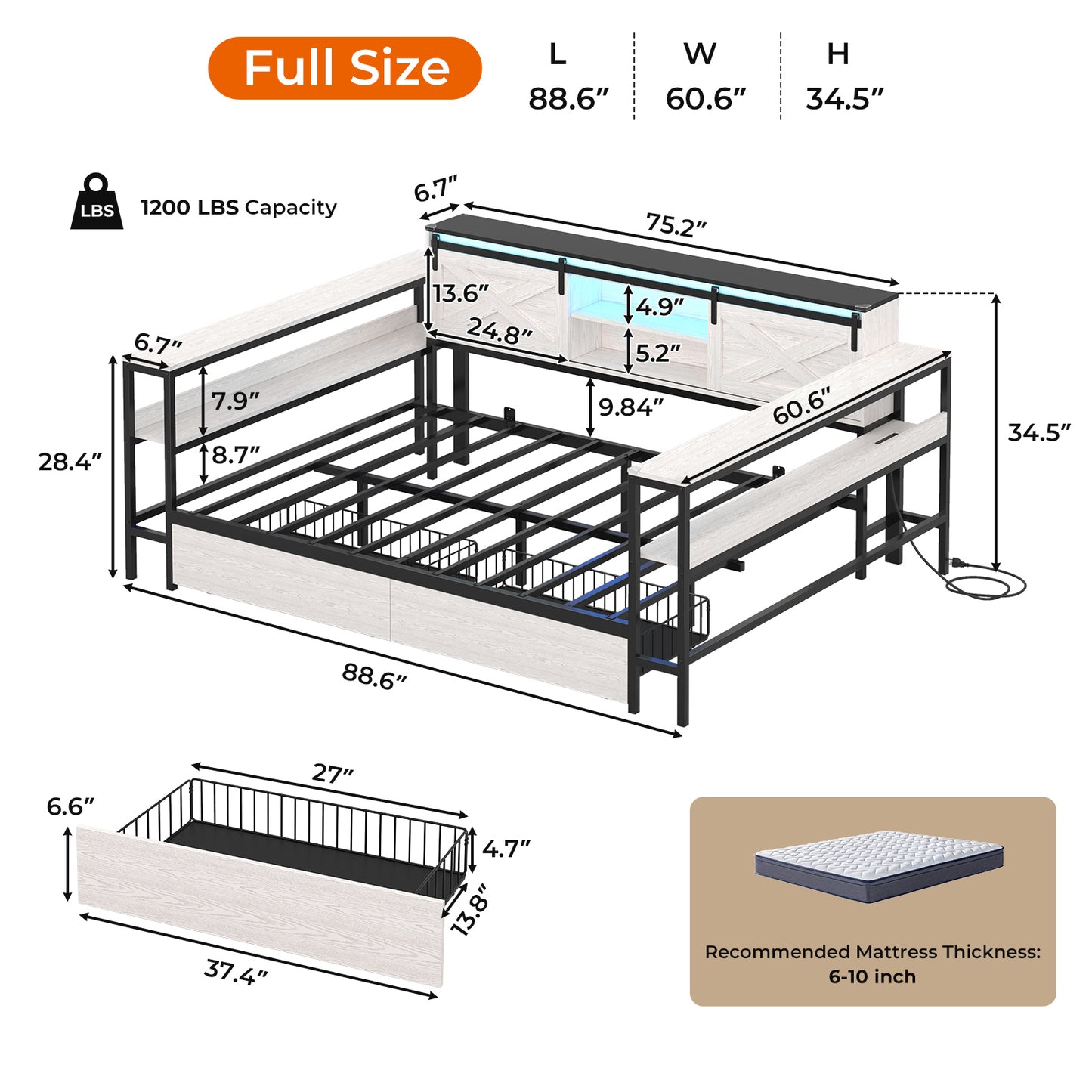 Hasuit | Corner Bed with Drawers and Bookcase Storage Shelves Farmhouse Wooden Daybed with Charging Station & LED Light Black&White Three Sizes