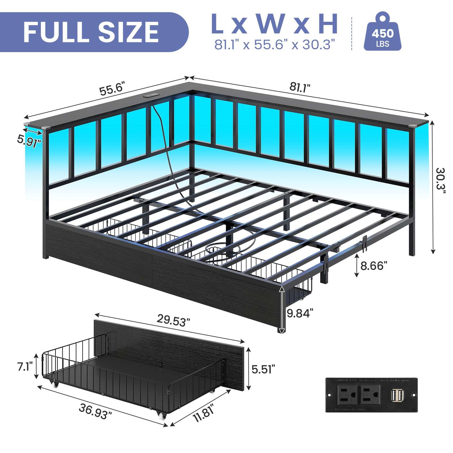 Hasuit | Corner Bed Frame with 2 Storage Drawers Modern Daybed with Charging Station and LED Lights for Kids Teenagers Black Two Sizes