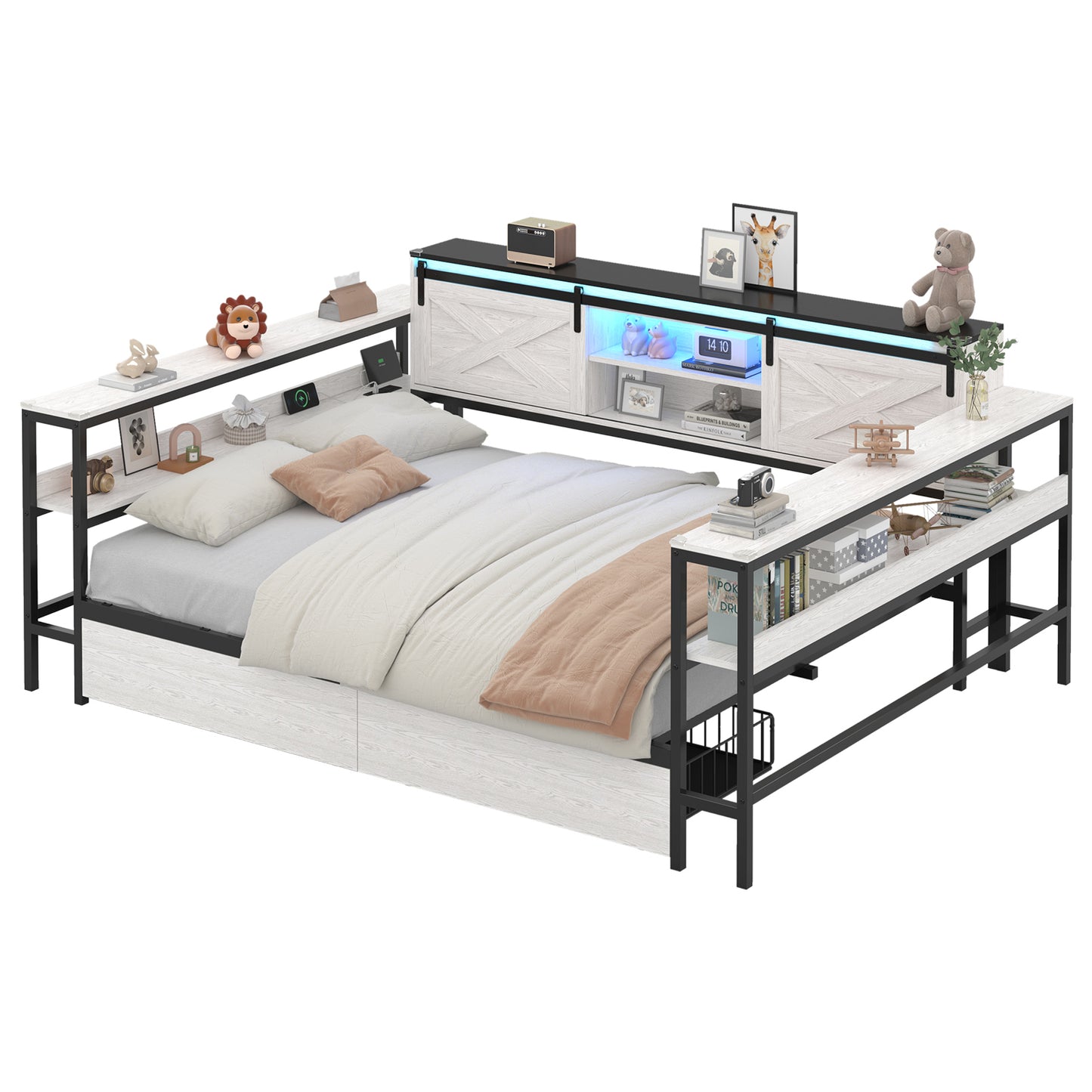 Hasuit | Corner Bed with Drawers and Bookcase Storage Shelves Farmhouse Wooden Daybed with Charging Station & LED Light Black&White Three Sizes