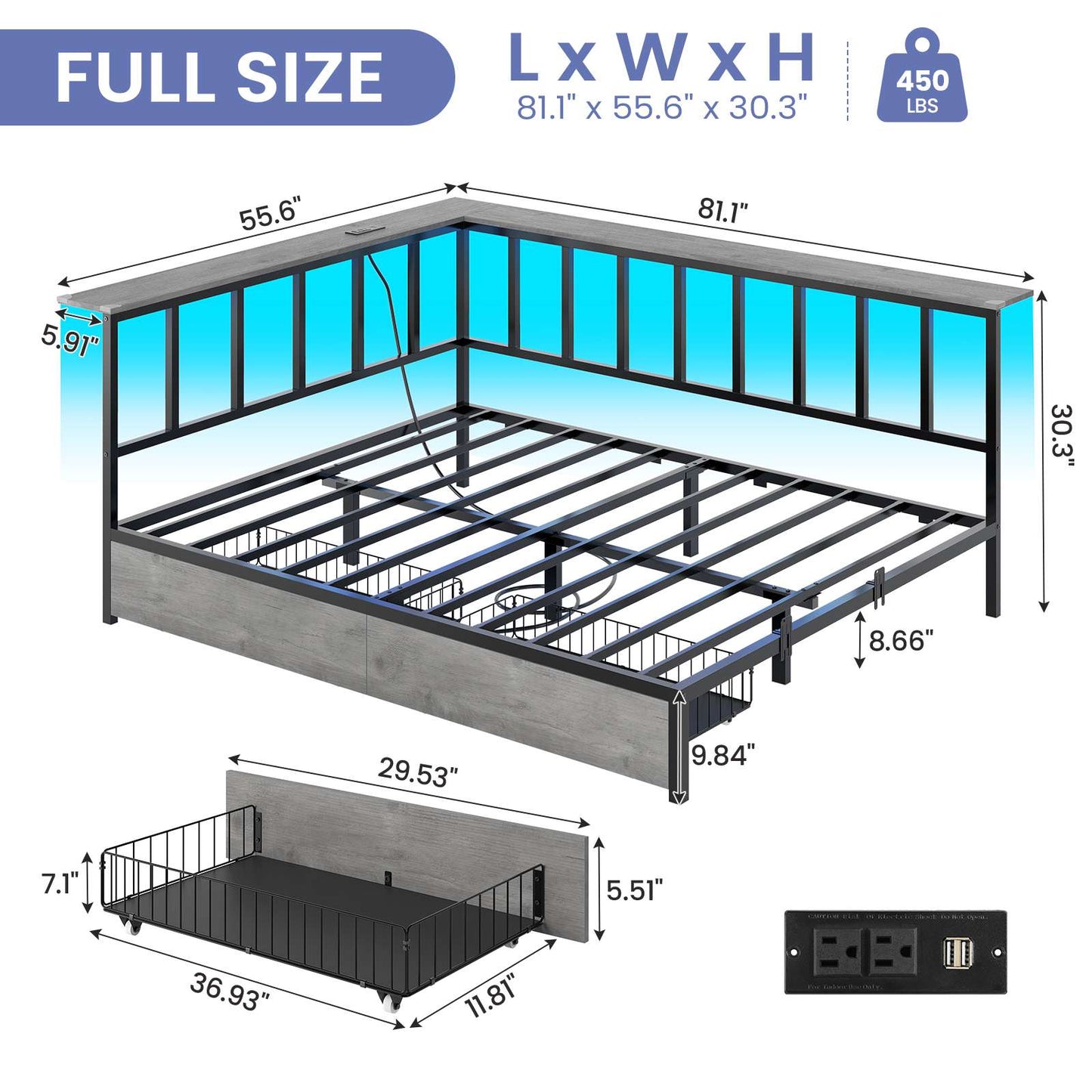 Hasuit | Corner Bed Frame with 2 Storage Drawers Modern Daybed with Charging Station and LED Lights for Kids Teenagers Grey Three Sizes