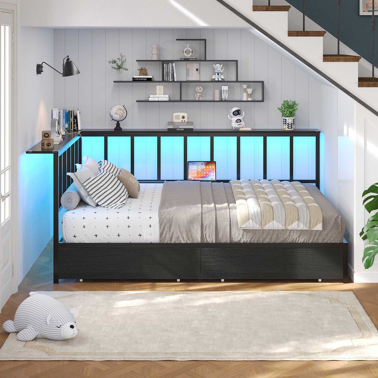 Hasuit | Corner Bed Frame with 2 Storage Drawers Modern Daybed with Charging Station and LED Lights for Kids Teenagers Black Two Sizes