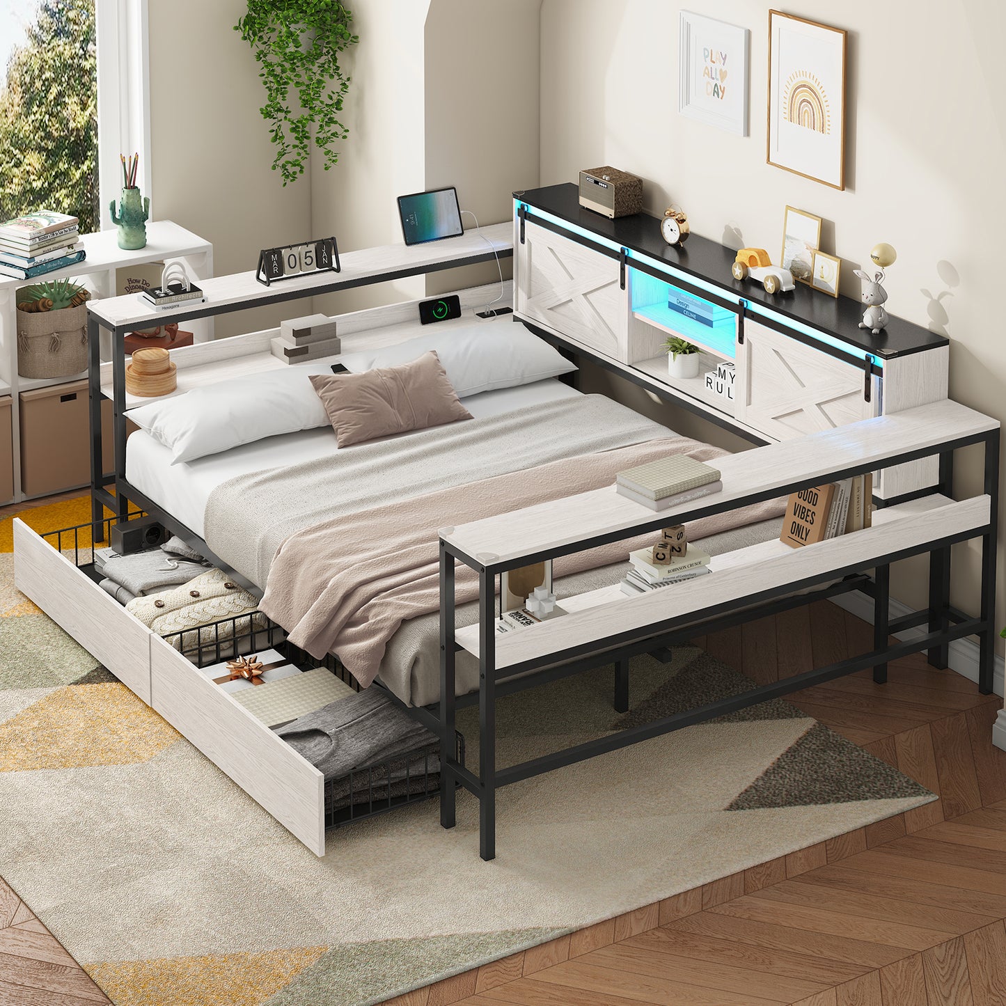 Hasuit | Corner Bed with Drawers and Bookcase Storage Shelves Farmhouse Wooden Daybed with Charging Station & LED Light Black&White Three Sizes