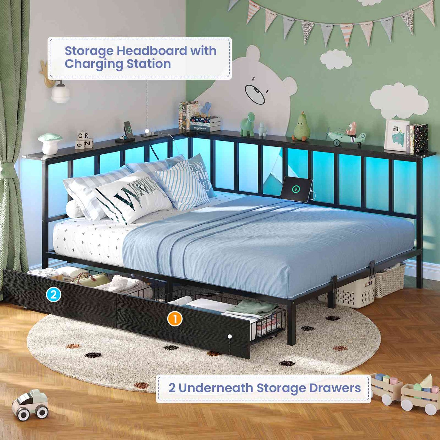 Hasuit | Corner Bed Frame with 2 Storage Drawers Modern Daybed with Charging Station and LED Lights for Kids Teenagers Black Two Sizes