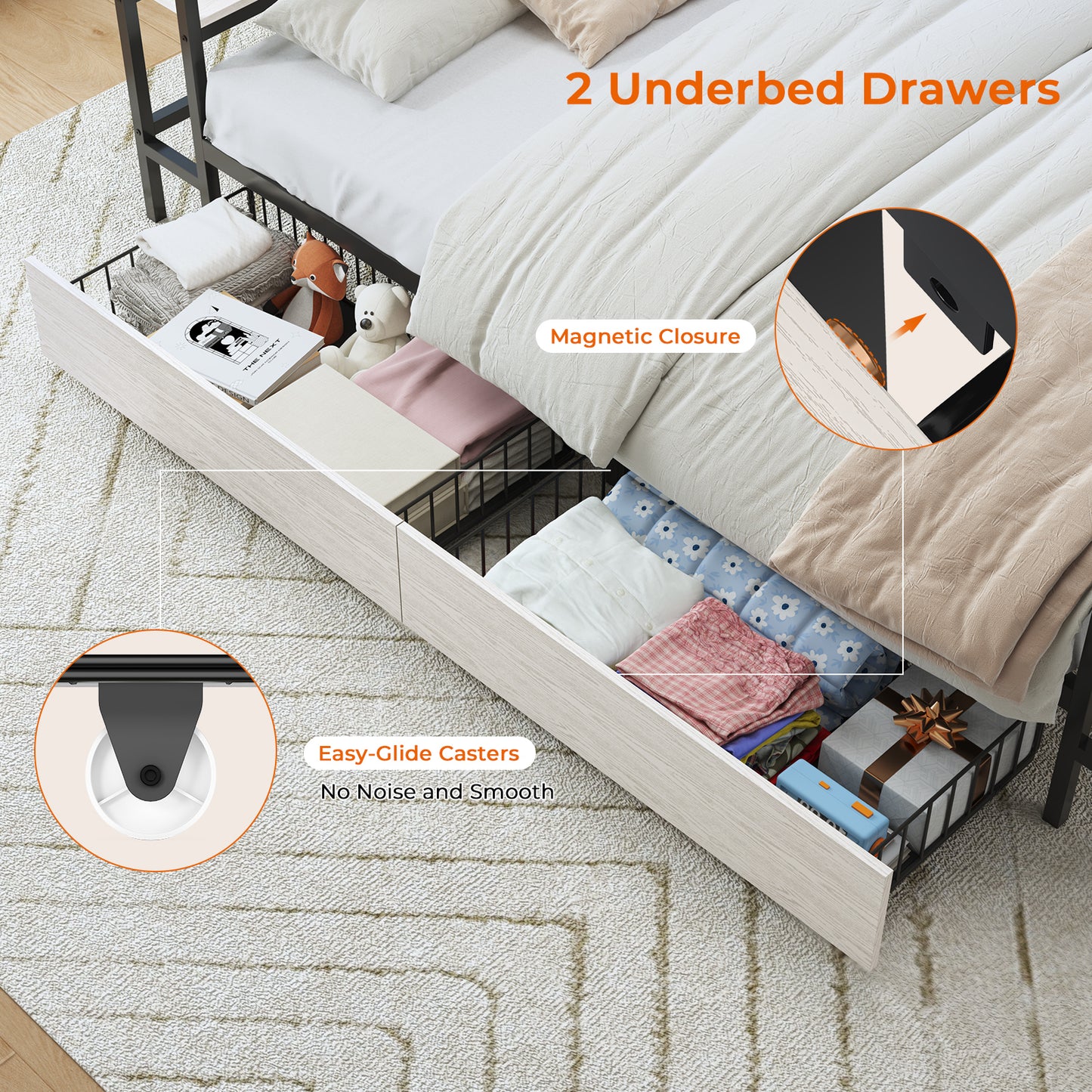 Hasuit | Corner Bed with Drawers and Bookcase Storage Shelves Farmhouse Wooden Daybed with Charging Station & LED Light Black&White Three Sizes