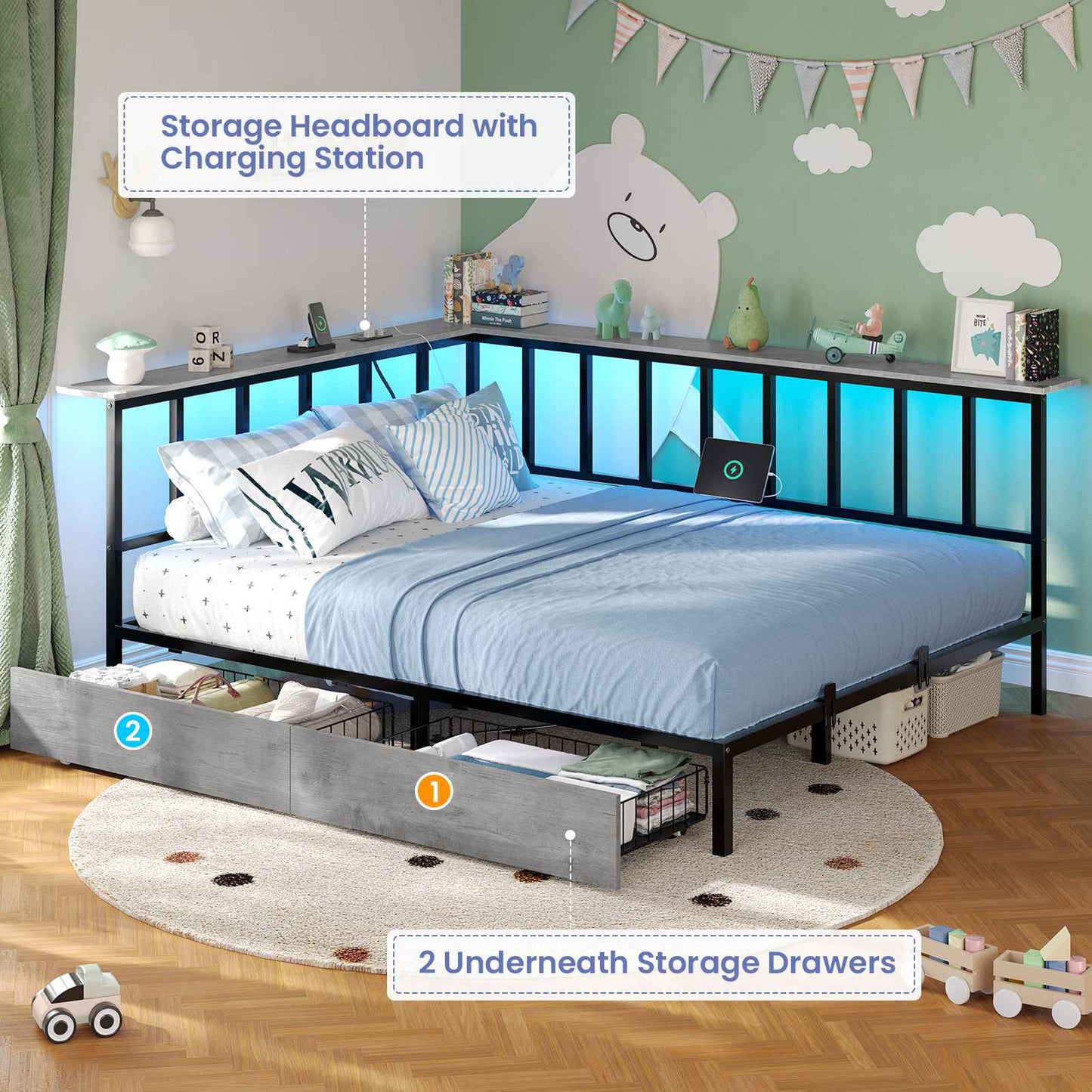 Hasuit | Corner Bed Frame with 2 Storage Drawers Modern Daybed with Charging Station and LED Lights for Kids Teenagers Grey Three Sizes