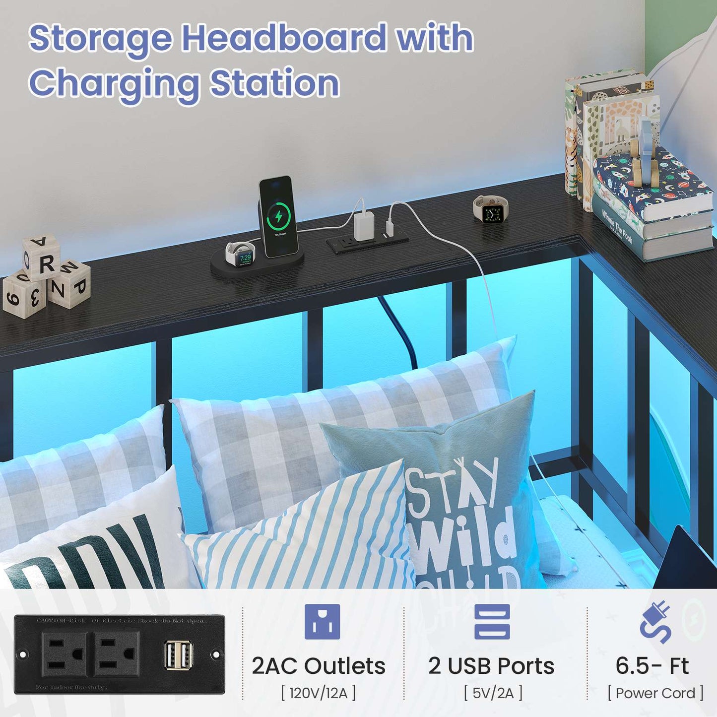 Hasuit | Corner Bed Frame with 2 Storage Drawers Modern Daybed with Charging Station and LED Lights for Kids Teenagers Black Two Sizes