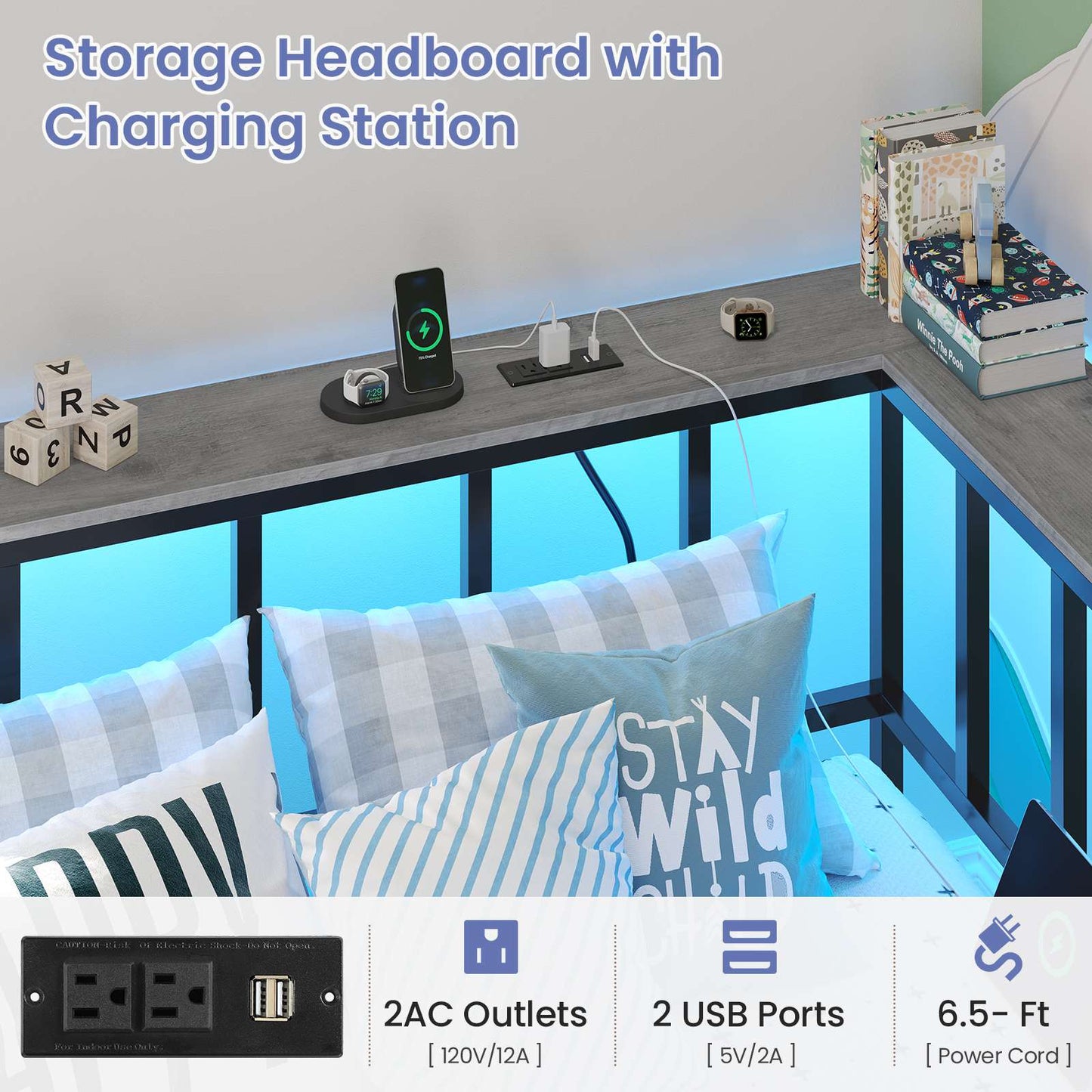 Hasuit | Corner Bed Frame with 2 Storage Drawers Modern Daybed with Charging Station and LED Lights for Kids Teenagers Grey Three Sizes