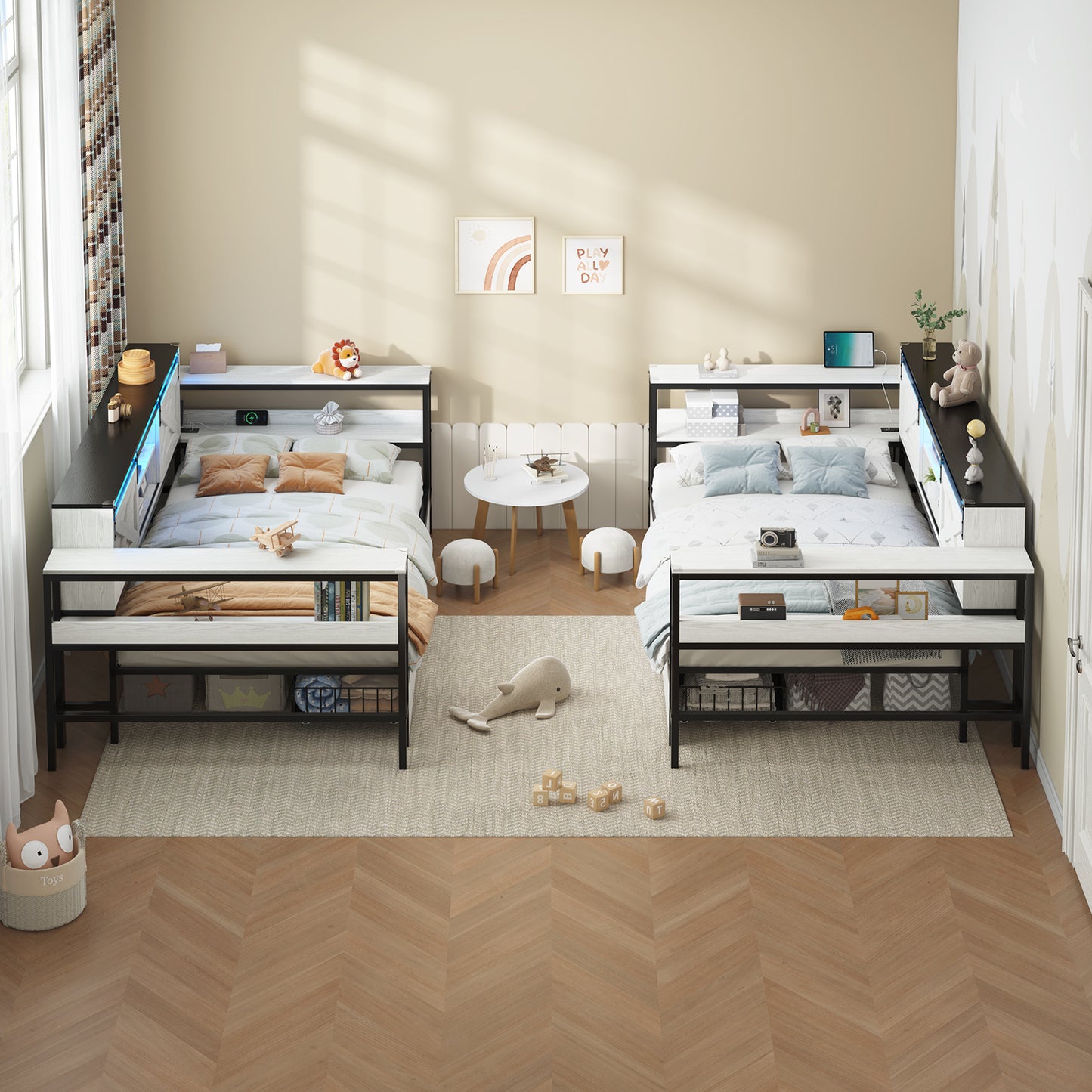 Hasuit | Corner Bed with Drawers and Bookcase Storage Shelves Farmhouse Wooden Daybed with Charging Station & LED Light Black&White Three Sizes
