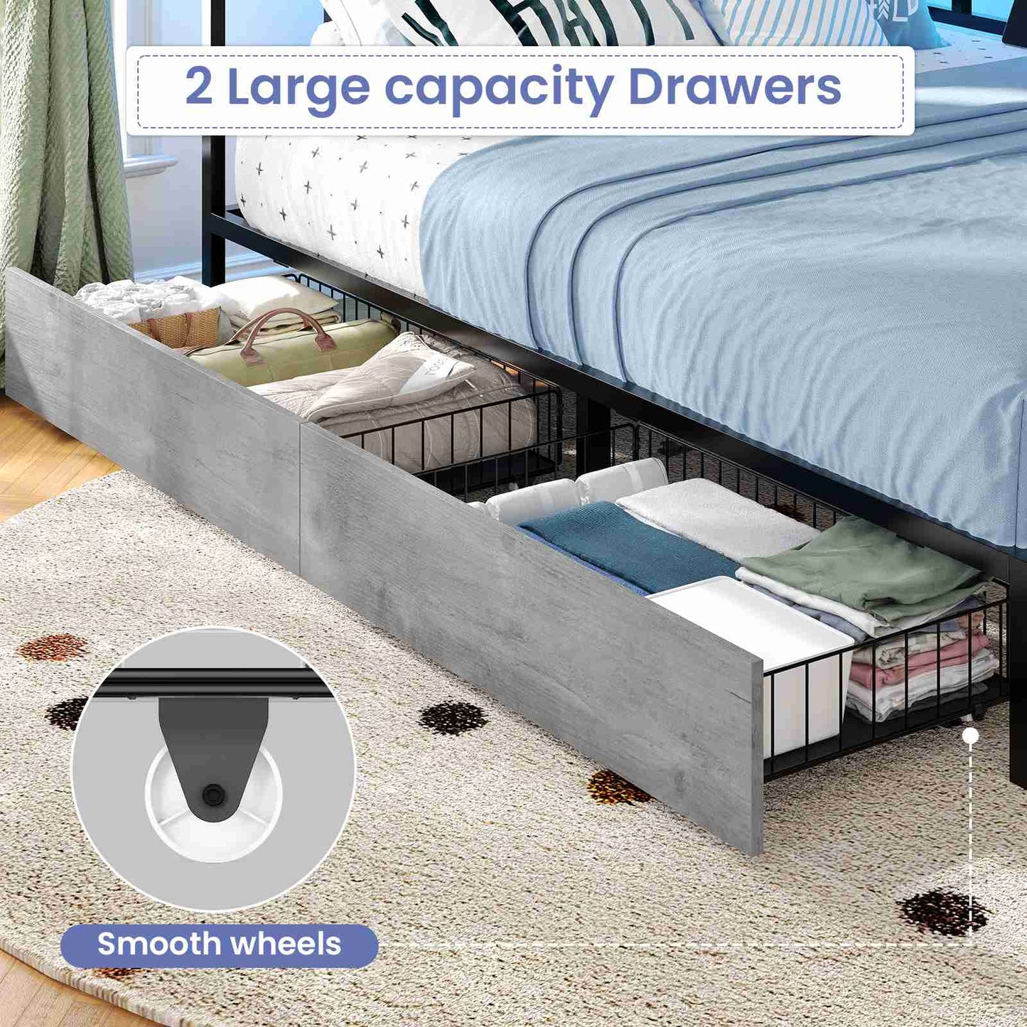 Hasuit | Corner Bed Frame with 2 Storage Drawers Modern Daybed with Charging Station and LED Lights for Kids Teenagers Grey Three Sizes
