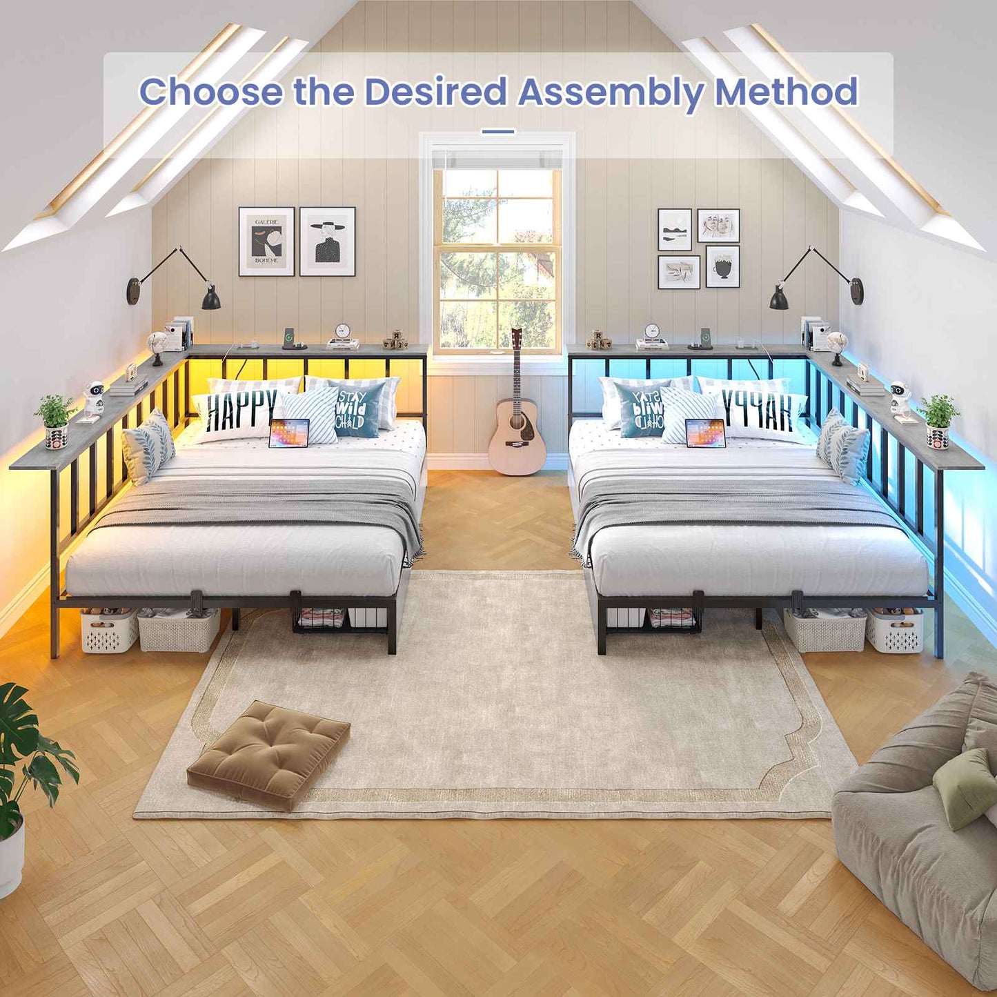 Hasuit | Corner Bed Frame with 2 Storage Drawers Modern Daybed with Charging Station and LED Lights for Kids Teenagers Grey Three Sizes