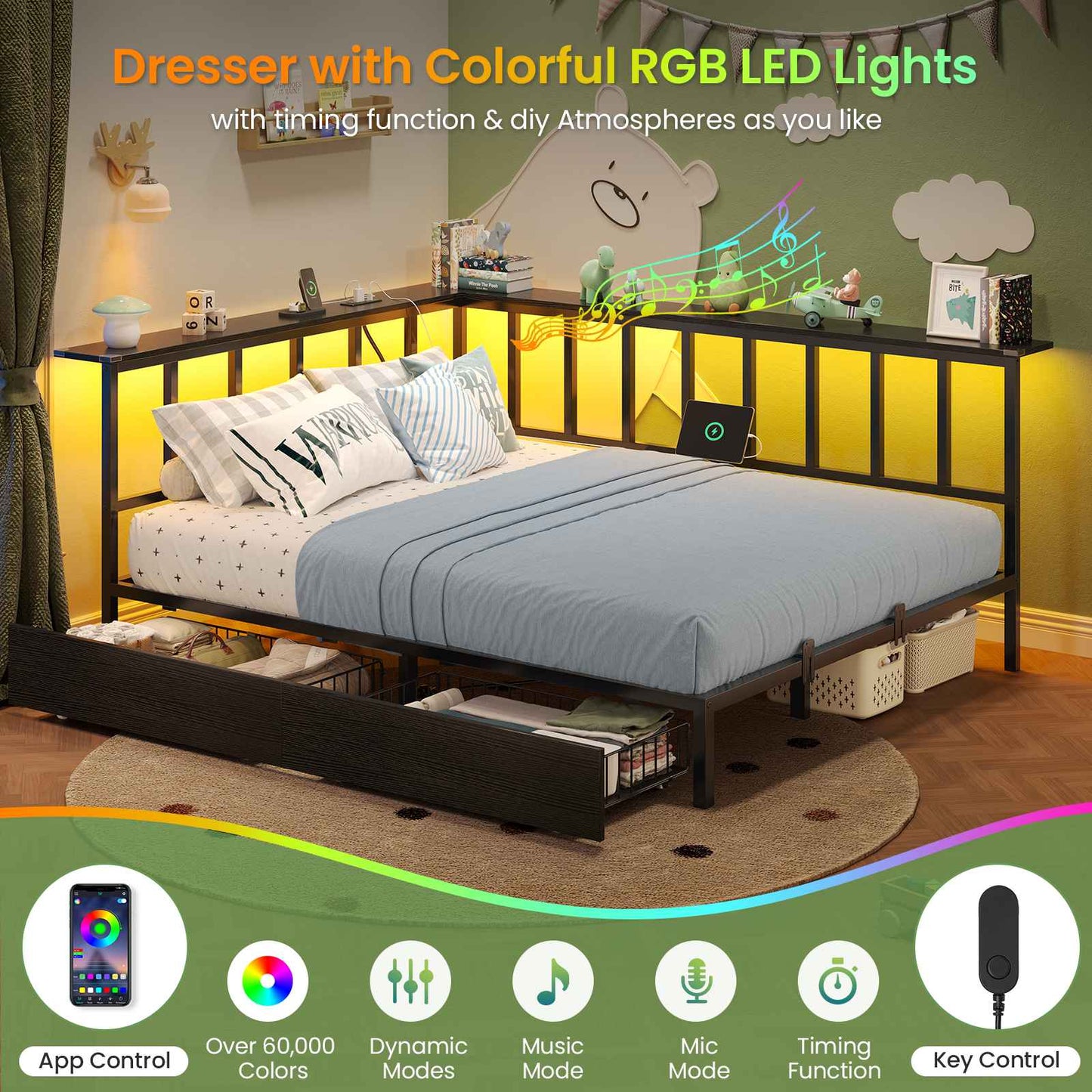 Hasuit | Corner Bed Frame with 2 Storage Drawers Modern Daybed with Charging Station and LED Lights for Kids Teenagers Black Two Sizes