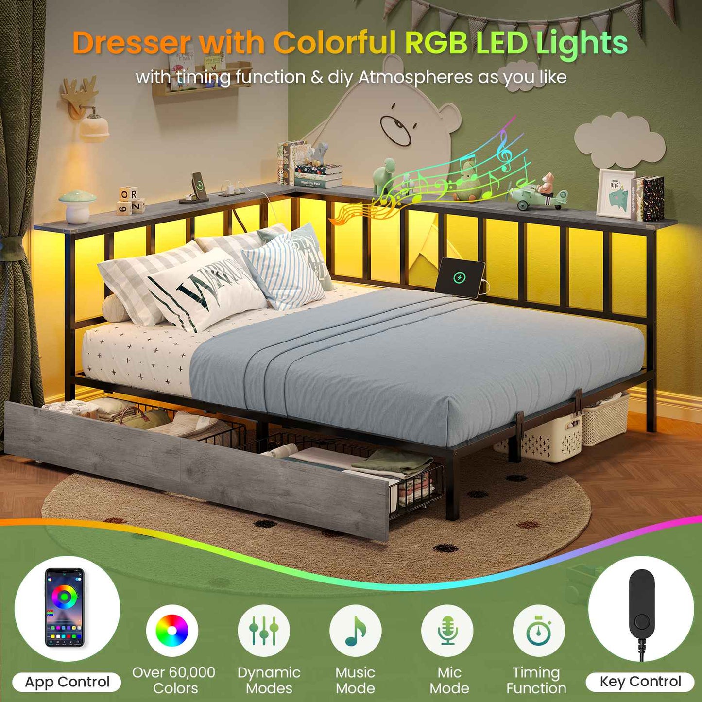 Hasuit | Corner Bed Frame with 2 Storage Drawers Modern Daybed with Charging Station and LED Lights for Kids Teenagers Grey Three Sizes