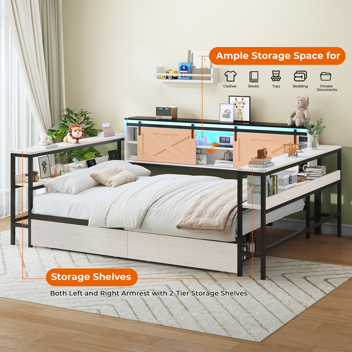 Hasuit | Corner Bed with Drawers and Bookcase Storage Shelves Farmhouse Wooden Daybed with Charging Station & LED Light Black&White Three Sizes