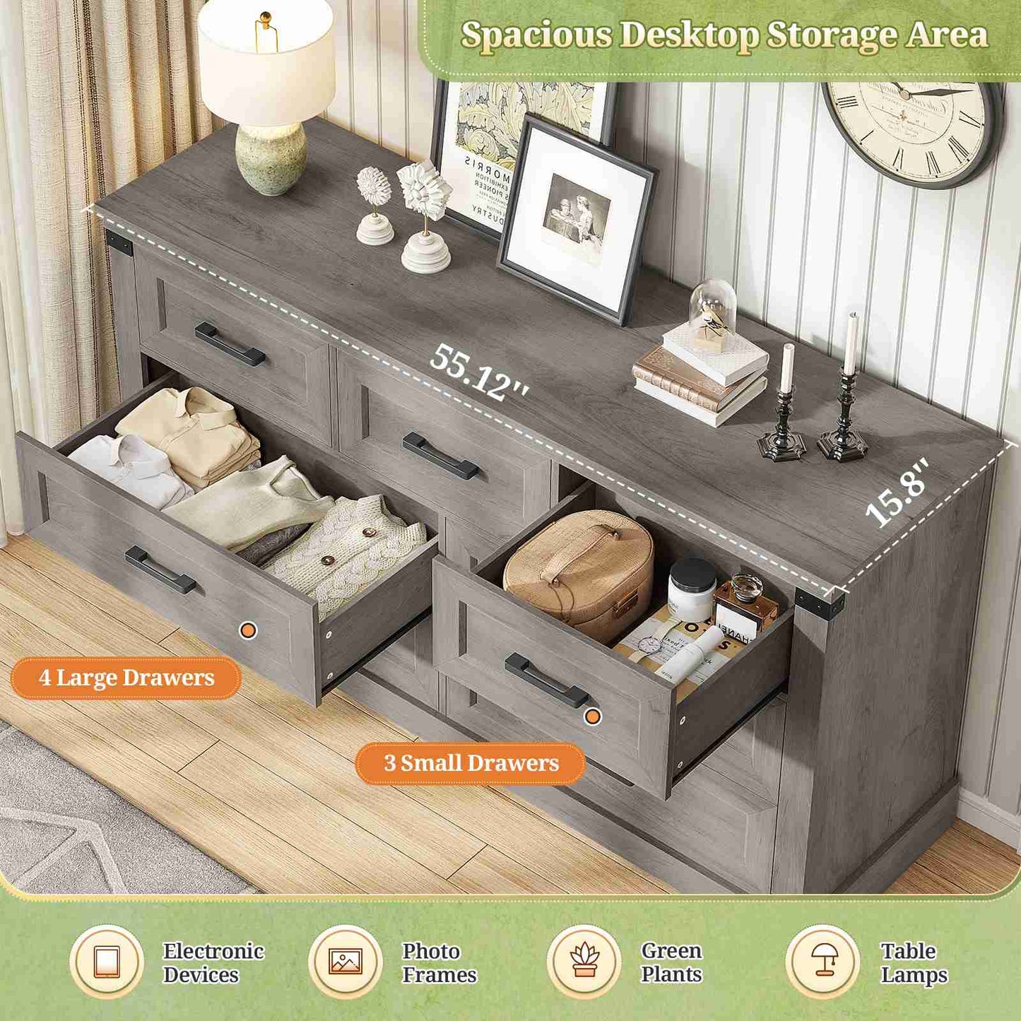 Hasuit | 55.1 Inch Dresser with 7 Drawers Wooden Long Dressers Chest of Drawer Farmhouse Dresser with Thick Styling