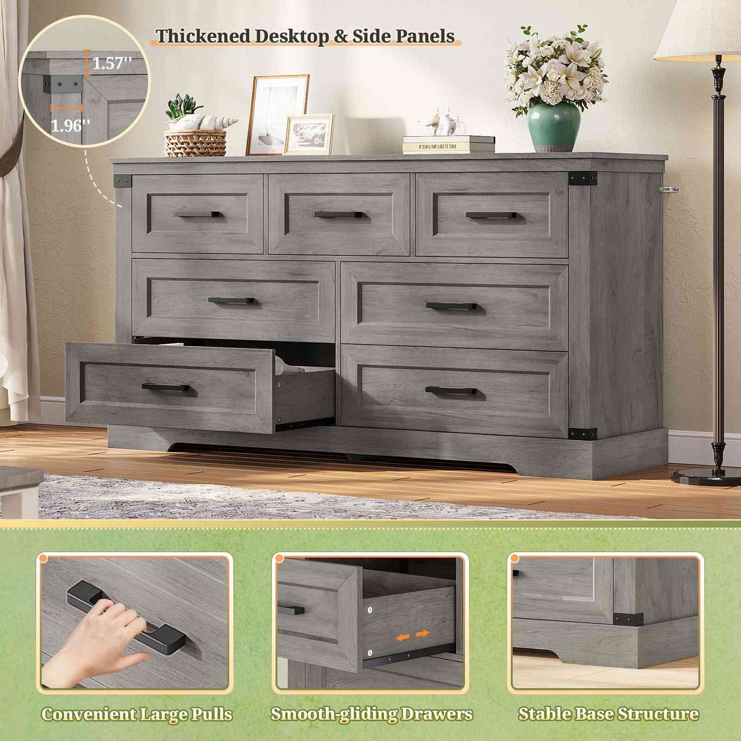 Hasuit | 55.1 Inch Dresser with 7 Drawers Wooden Long Dressers Chest of Drawer Farmhouse Dresser with Thick Styling