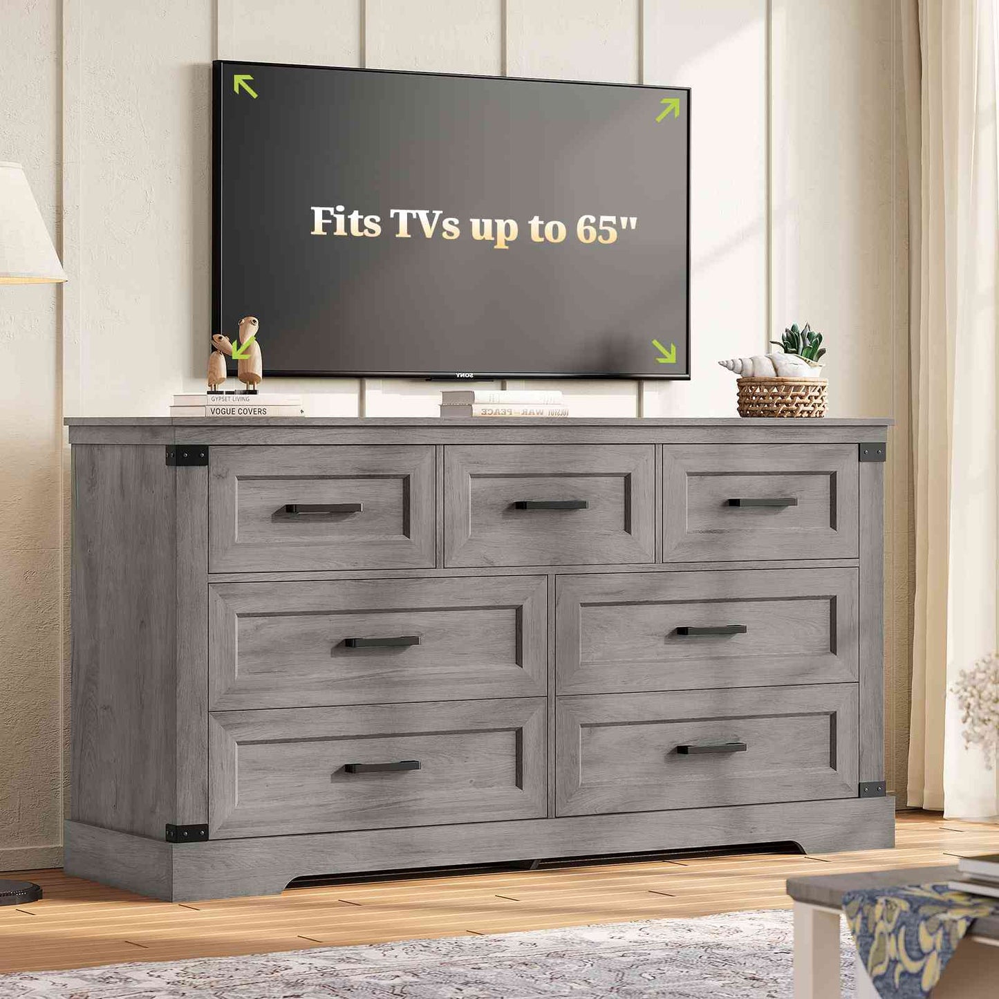 Hasuit | 55.1 Inch Dresser with 7 Drawers Wooden Long Dressers Chest of Drawer Farmhouse Dresser with Thick Styling