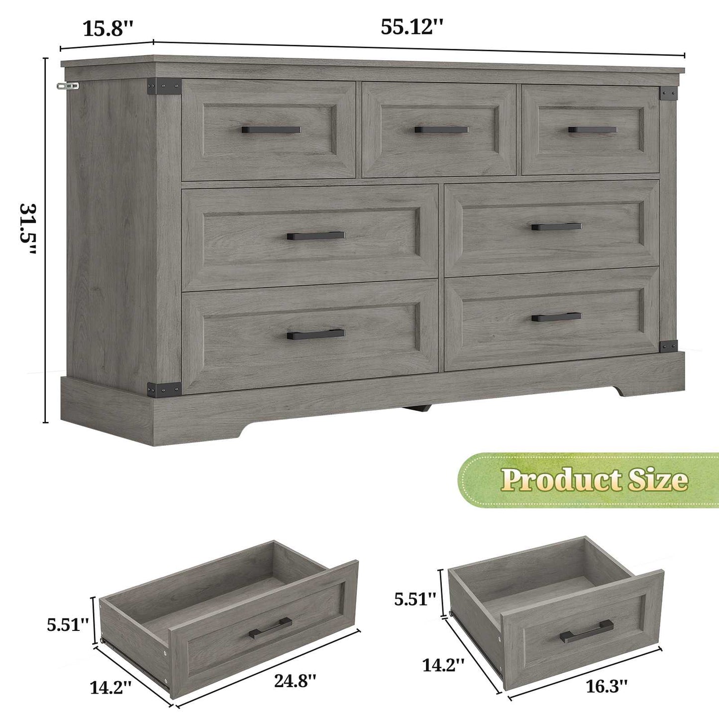 Hasuit | 55.1 Inch Dresser with 7 Drawers Wooden Long Dressers Chest of Drawer Farmhouse Dresser with Thick Styling