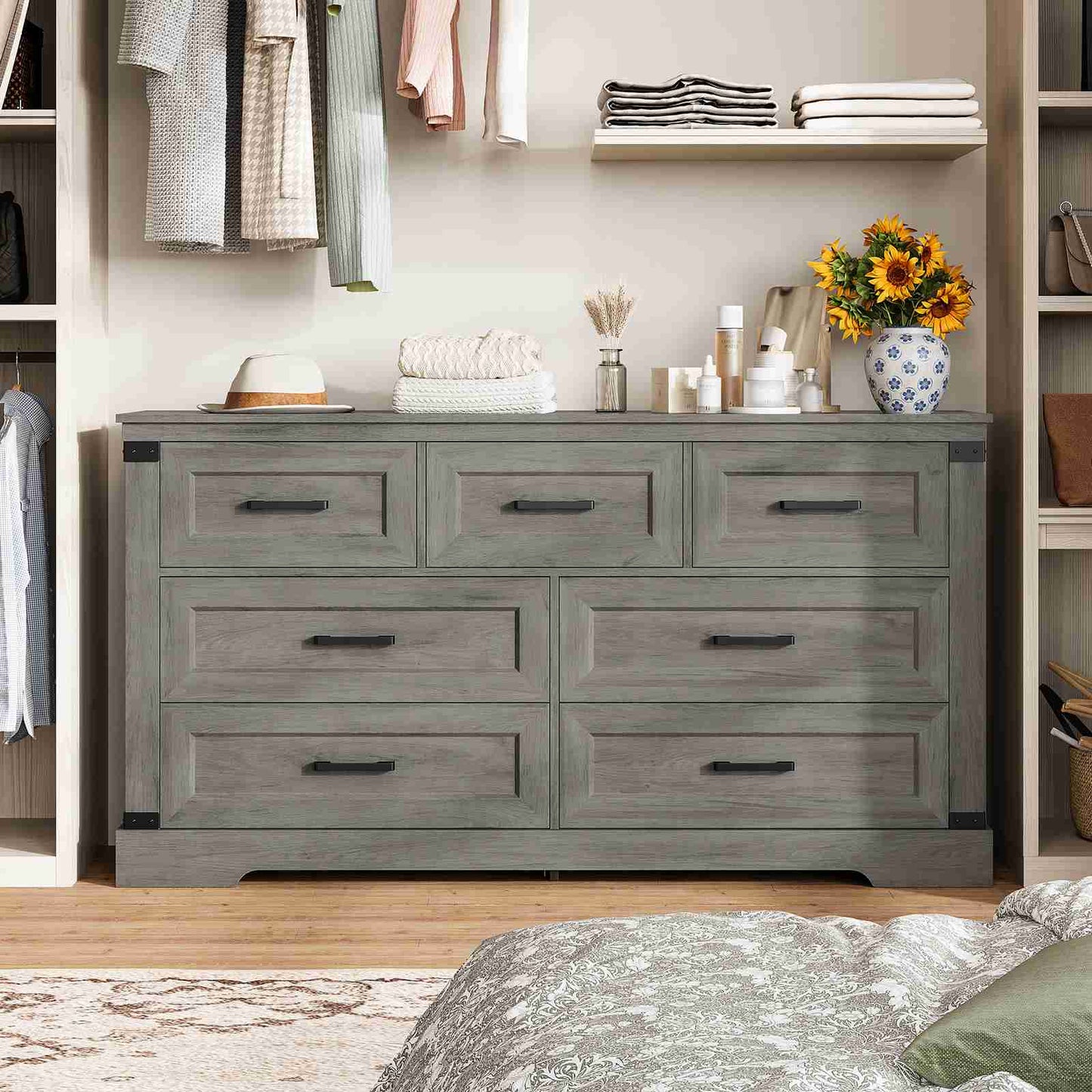 Hasuit | 55.1 Inch Dresser with 7 Drawers Wooden Long Dressers Chest of Drawer Farmhouse Dresser with Thick Styling