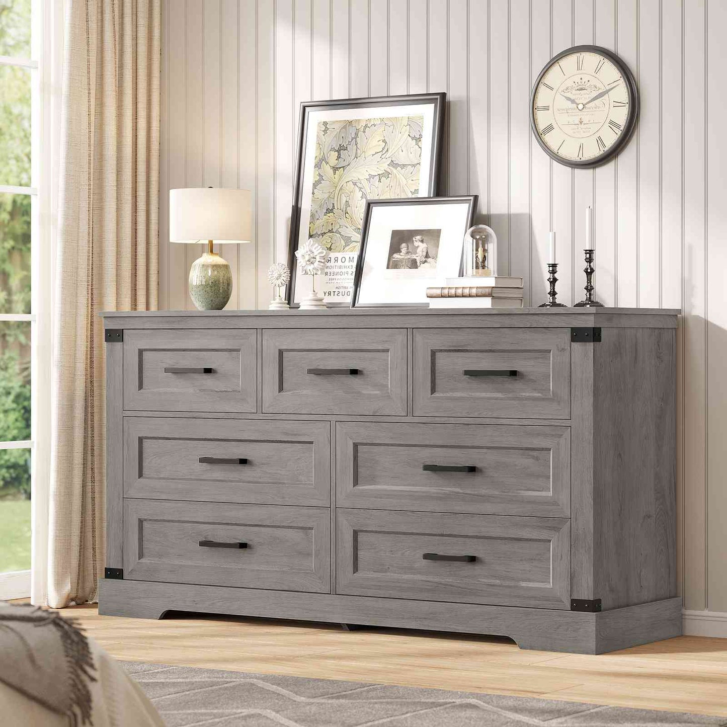 Hasuit | 55.1 Inch Dresser with 7 Drawers Wooden Long Dressers Chest of Drawer Farmhouse Dresser with Thick Styling