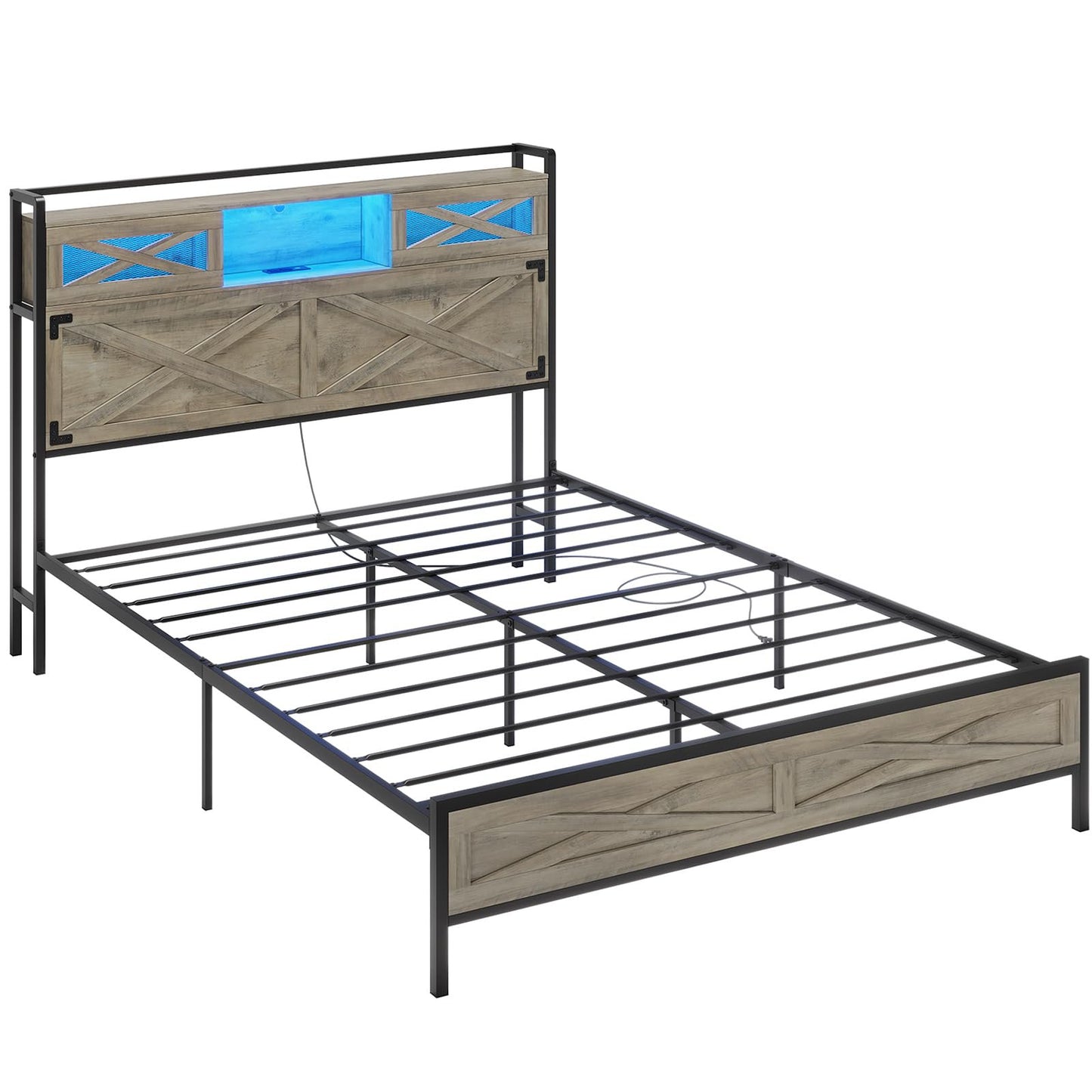 Hasuit | Queen Bed Frame with Storage Headboard Farmhouse Rustic Platform Bed Size with Charging Station and LED Lights Bed