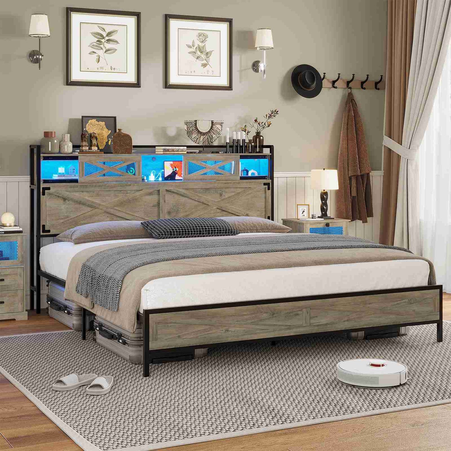 Hasuit | Queen Bed Frame with Storage Headboard Farmhouse Rustic Platform Bed Size with Charging Station and LED Lights Bed