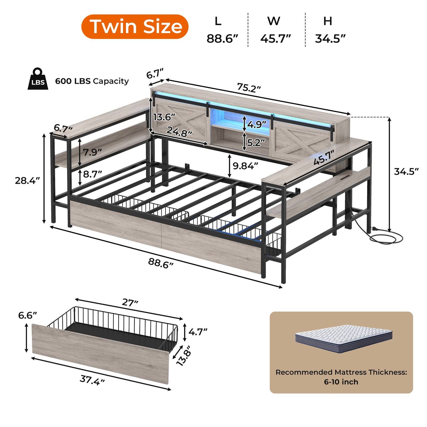 Hasuit | Corner Bed with Drawers and Bookcase Storage Shelves Farmhouse Wooden Daybed with Charging Station and LED Light Rustic Gray Three Sizes