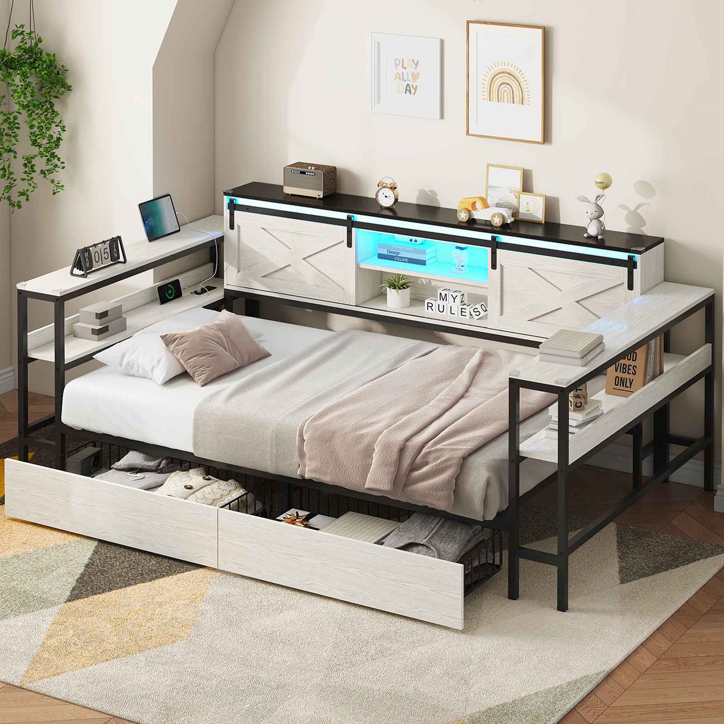 Hasuit | Corner Bed with Drawers and Bookcase Storage Shelves Farmhouse Wooden Daybed with Charging Station & LED Light Black&White Three Sizes