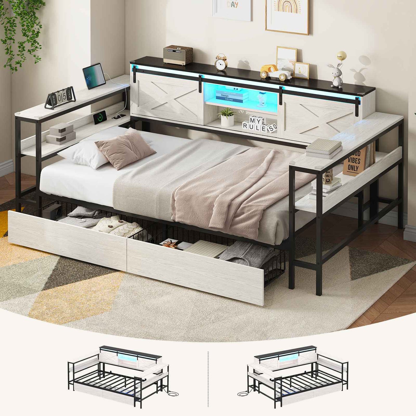Hasuit | Corner Bed with Drawers and Bookcase Storage Shelves Farmhouse Wooden Daybed with Charging Station & LED Light Black&White Three Sizes
