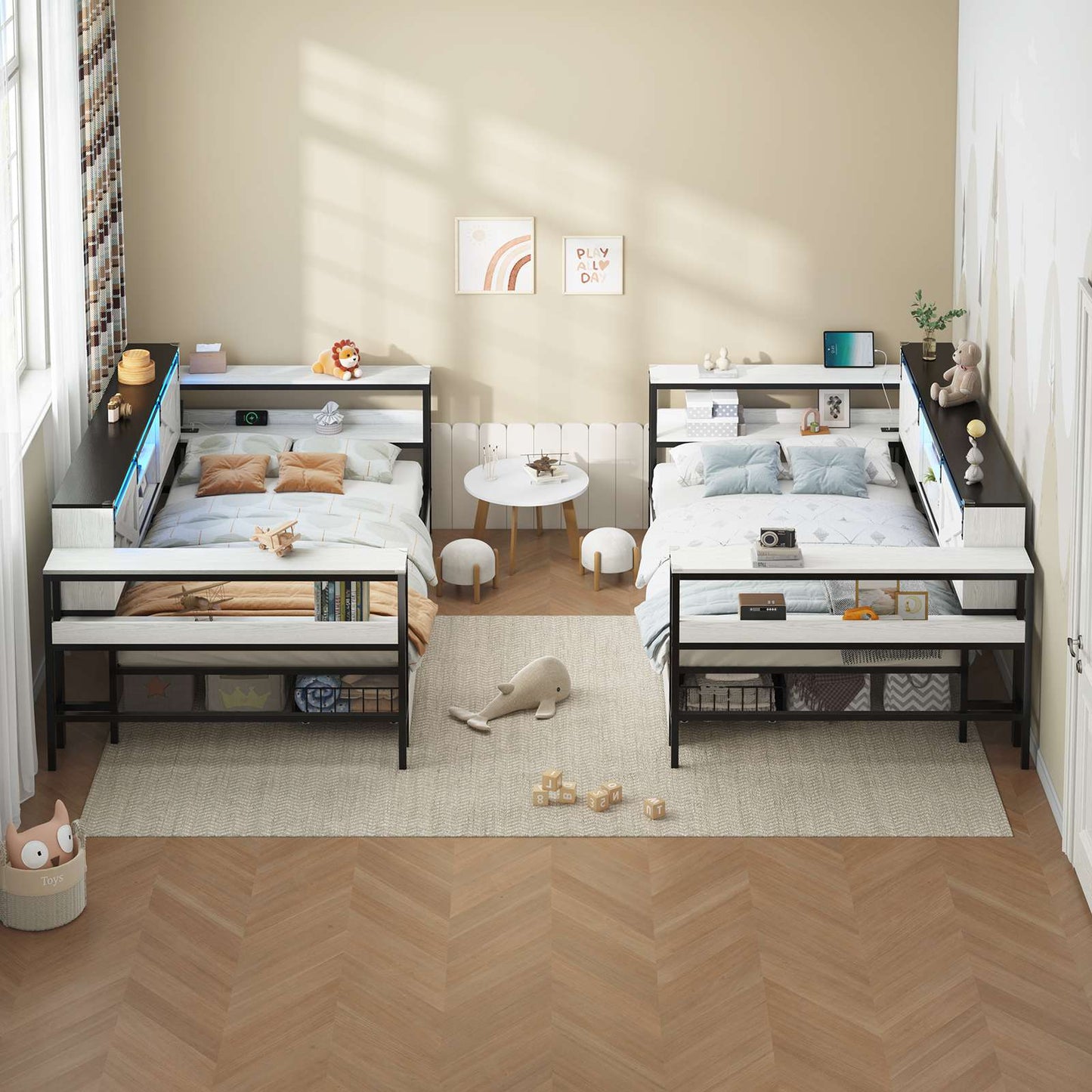 Hasuit | Corner Bed with Drawers and Bookcase Storage Shelves Farmhouse Wooden Daybed with Charging Station & LED Light Black&White Three Sizes