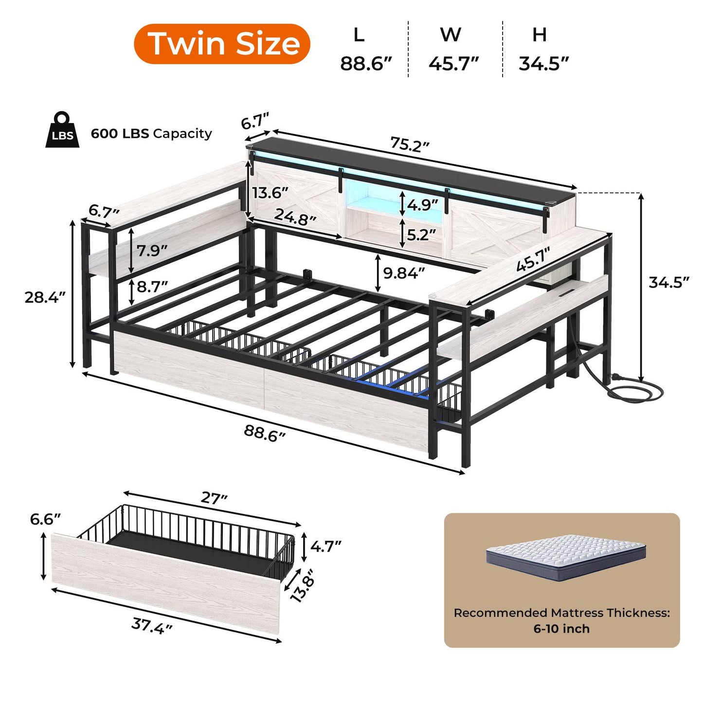 Hasuit | Corner Bed with Drawers and Bookcase Storage Shelves Farmhouse Wooden Daybed with Charging Station & LED Light Black&White Three Sizes