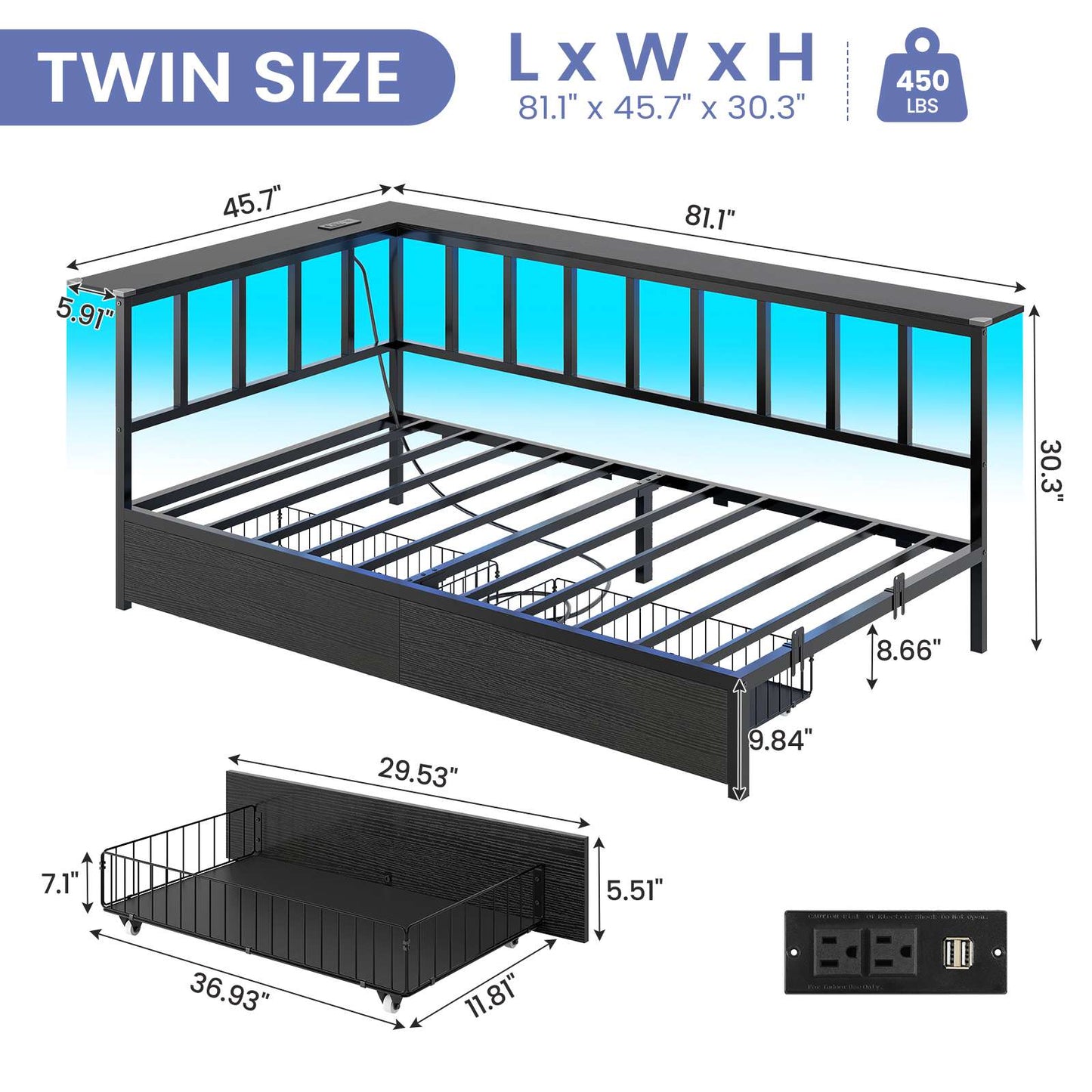 Hasuit | Corner Bed Frame with 2 Storage Drawers Modern Daybed with Charging Station and LED Lights for Kids Teenagers Black Two Sizes