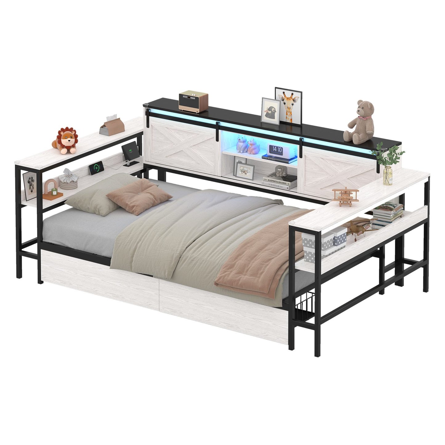 Hasuit | Corner Bed with Drawers and Bookcase Storage Shelves Farmhouse Wooden Daybed with Charging Station & LED Light Black&White Three Sizes