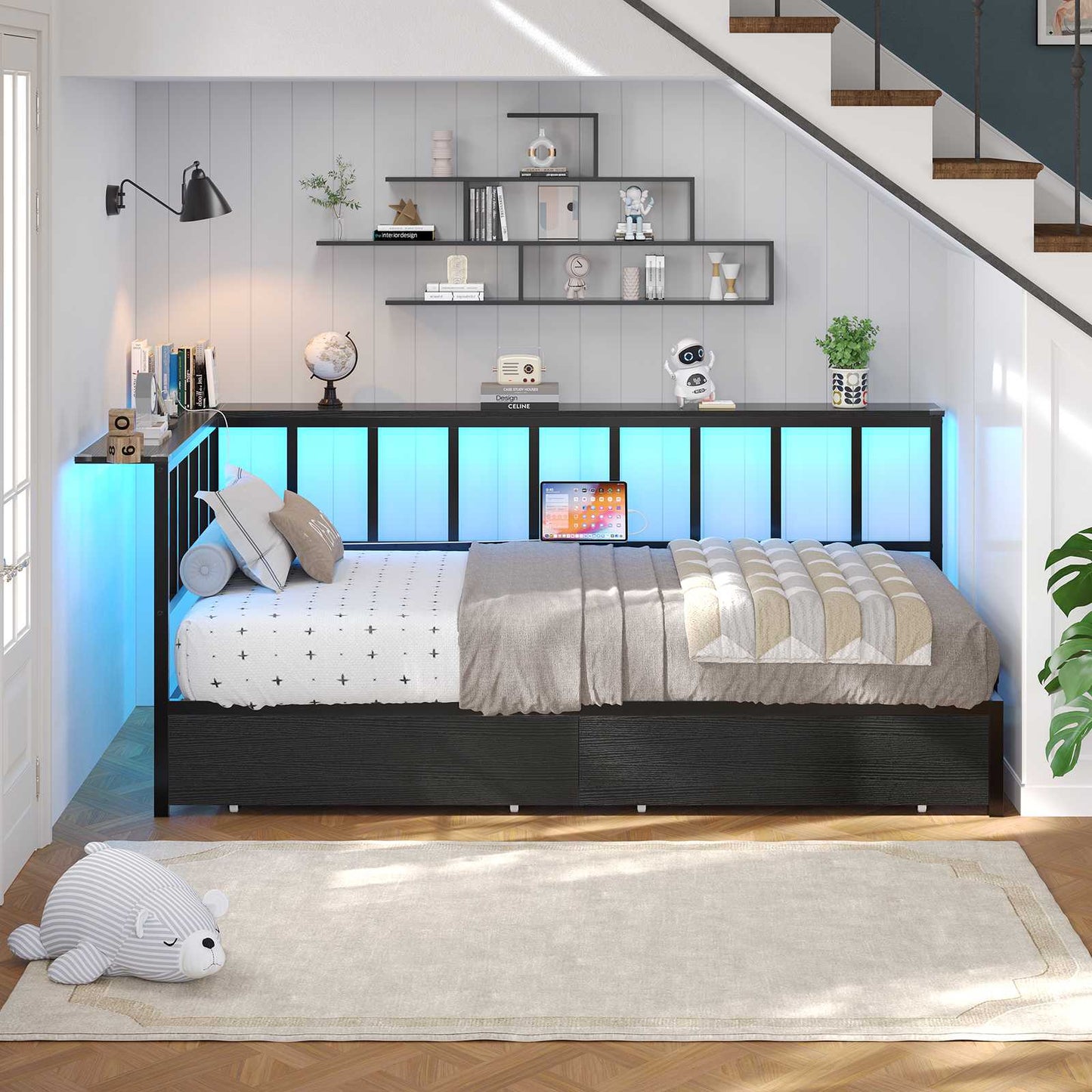 Hasuit | Corner Bed Frame with 2 Storage Drawers Modern Daybed with Charging Station and LED Lights for Kids Teenagers Black Two Sizes