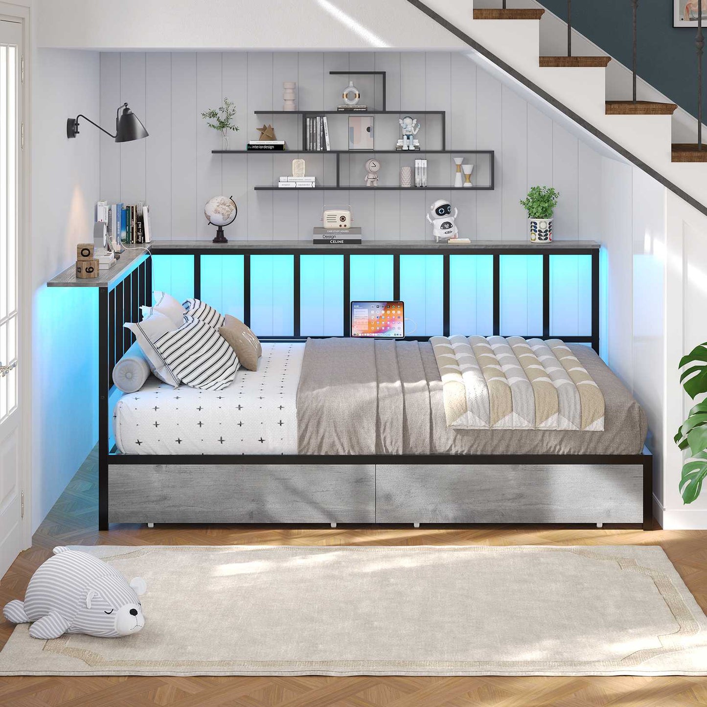 Hasuit | Corner Bed Frame with 2 Storage Drawers Modern Daybed with Charging Station and LED Lights for Kids Teenagers Grey Three Sizes