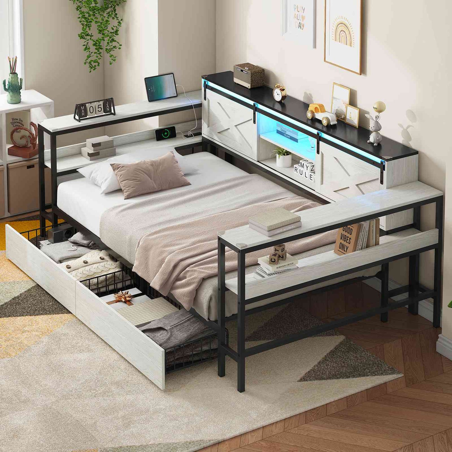Hasuit | Corner Bed with Drawers and Bookcase Storage Shelves Farmhouse Wooden Daybed with Charging Station & LED Light Black&White Three Sizes