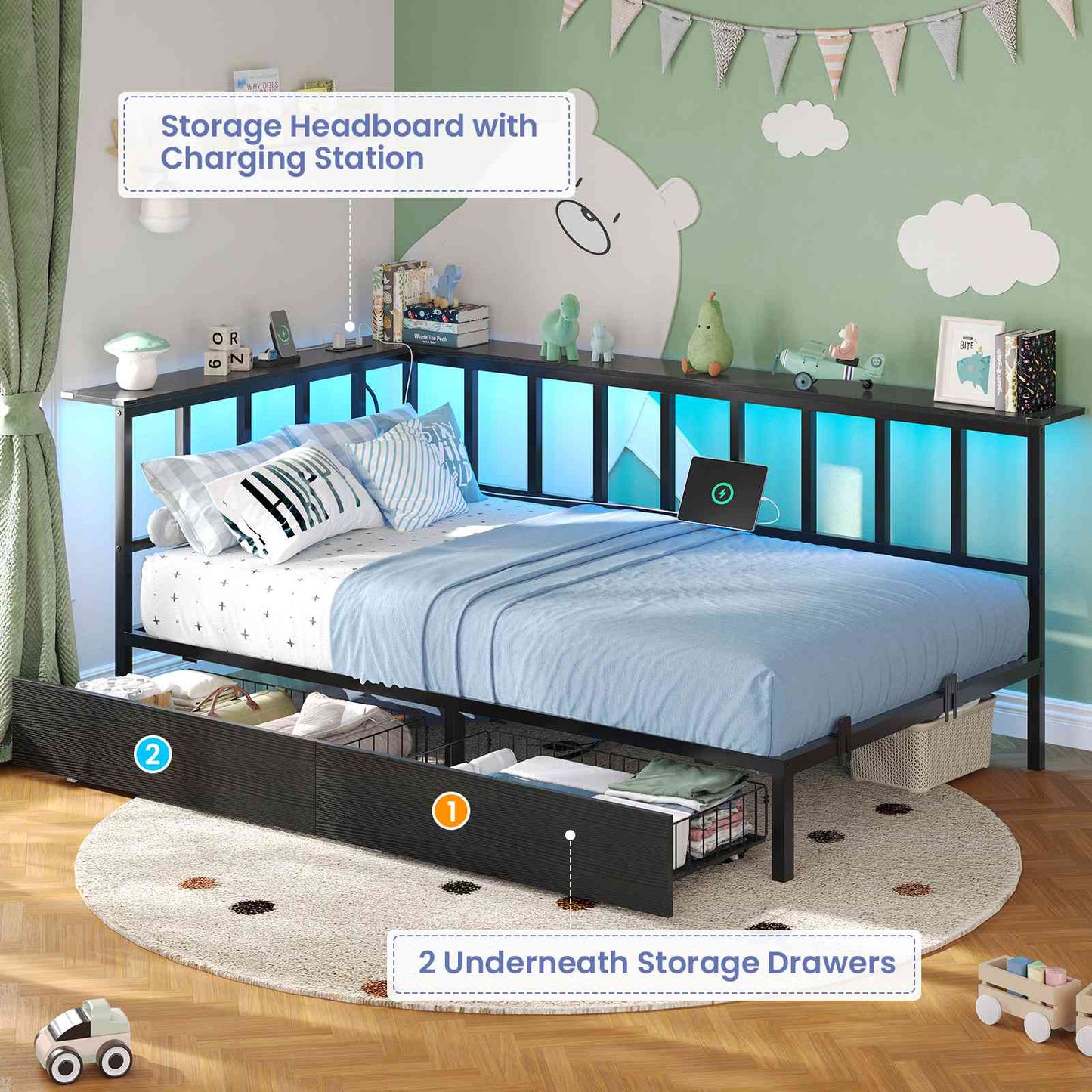 Hasuit | Corner Bed Frame with 2 Storage Drawers Modern Daybed with Charging Station and LED Lights for Kids Teenagers Black Two Sizes