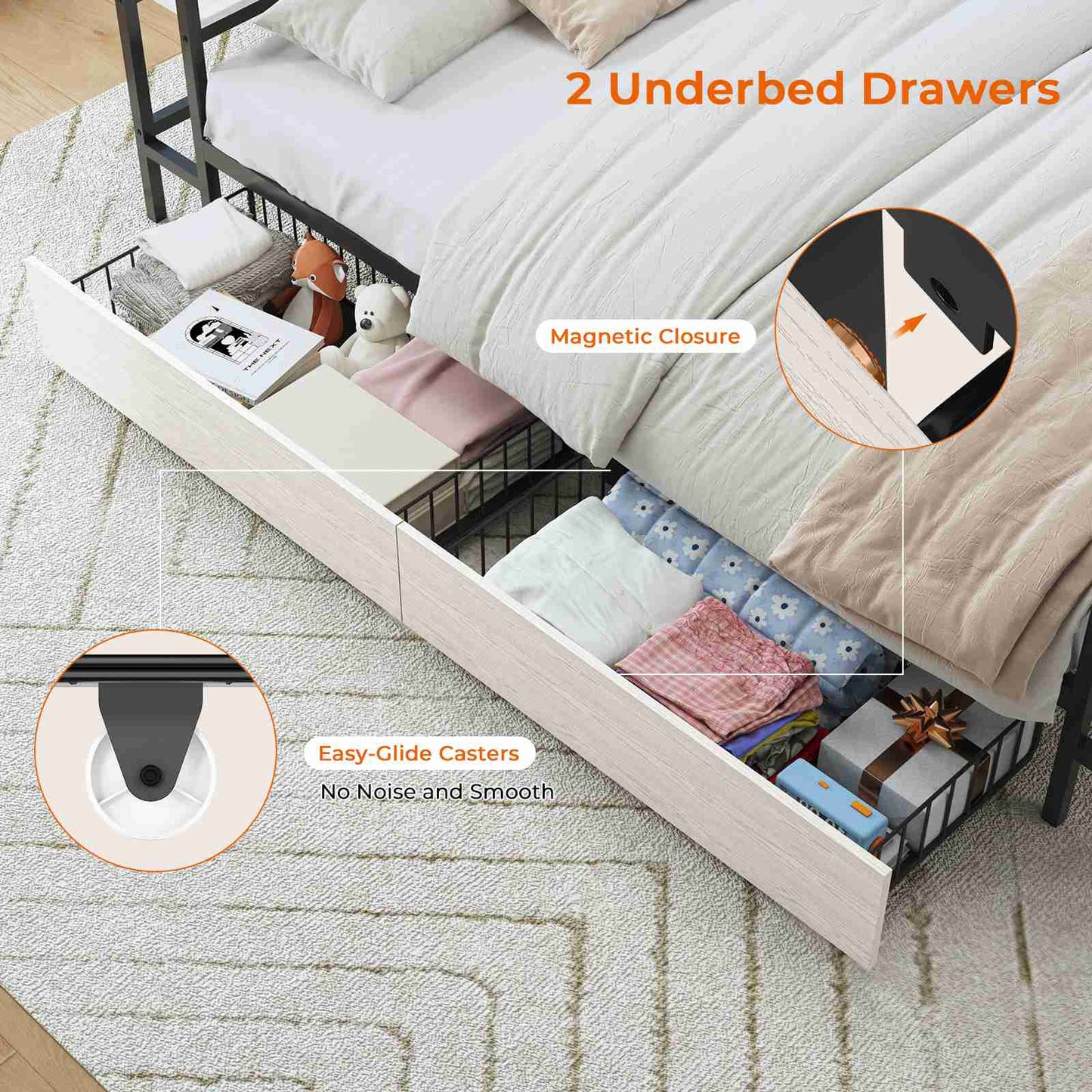 Hasuit | Corner Bed with Drawers and Bookcase Storage Shelves Farmhouse Wooden Daybed with Charging Station & LED Light Black&White Three Sizes