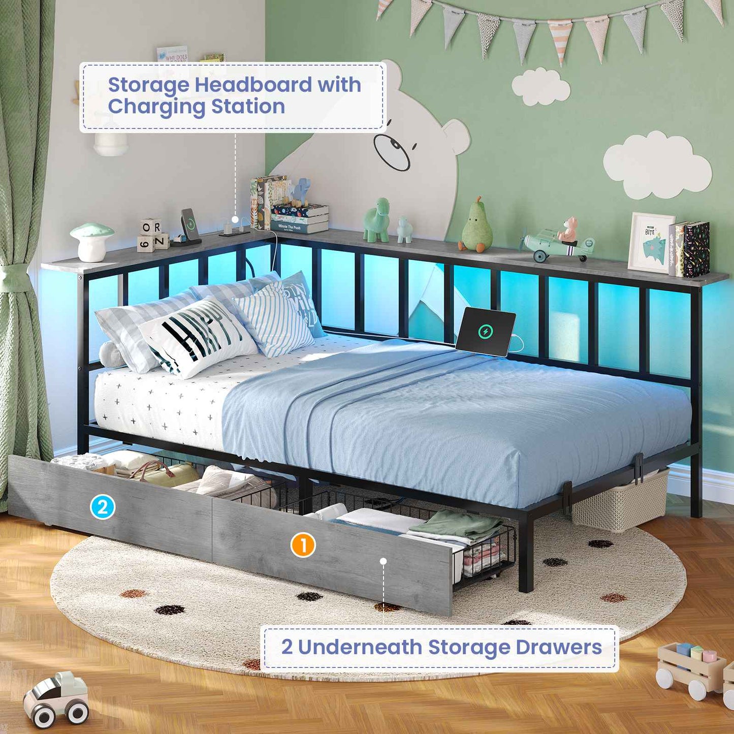 Hasuit | Corner Bed Frame with 2 Storage Drawers Modern Daybed with Charging Station and LED Lights for Kids Teenagers Grey Three Sizes
