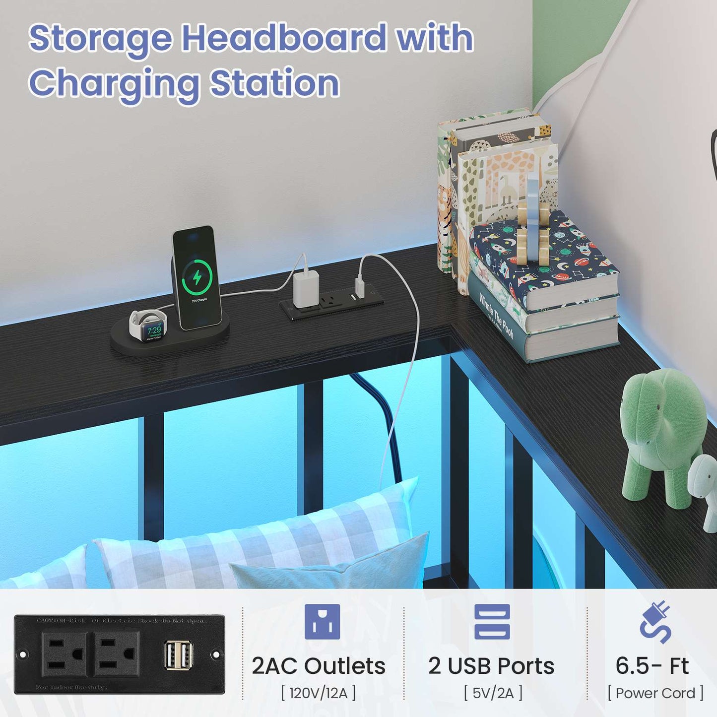 Hasuit | Corner Bed Frame with 2 Storage Drawers Modern Daybed with Charging Station and LED Lights for Kids Teenagers Black Two Sizes