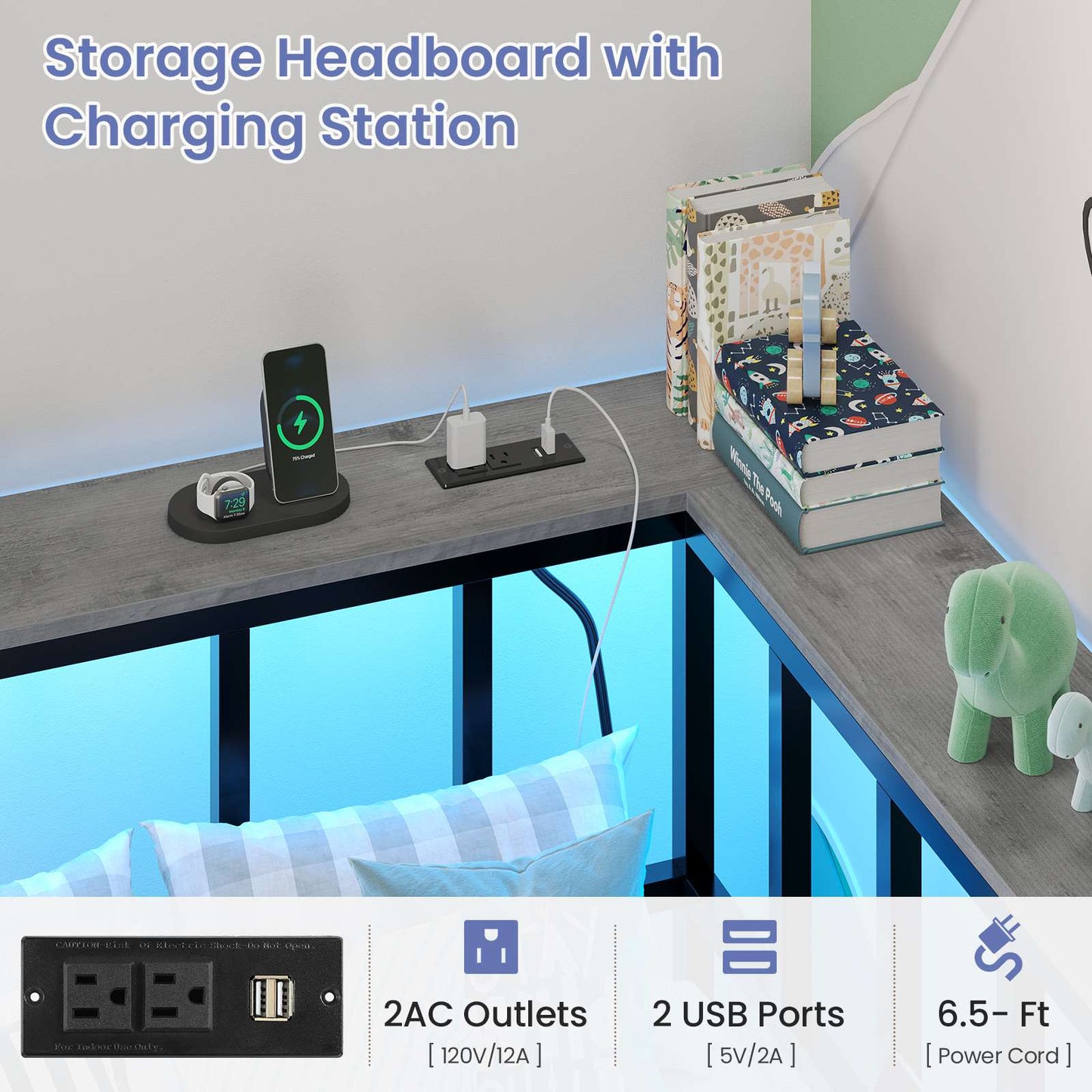 Hasuit | Corner Bed Frame with 2 Storage Drawers Modern Daybed with Charging Station and LED Lights for Kids Teenagers Grey Three Sizes