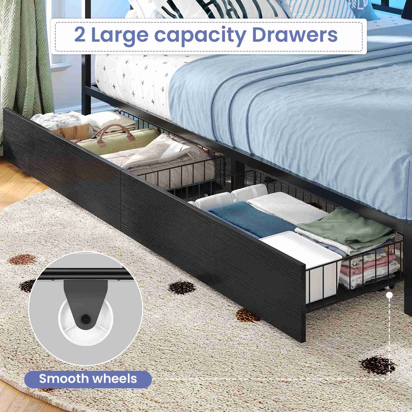 Hasuit | Corner Bed Frame with 2 Storage Drawers Modern Daybed with Charging Station and LED Lights for Kids Teenagers Black Two Sizes