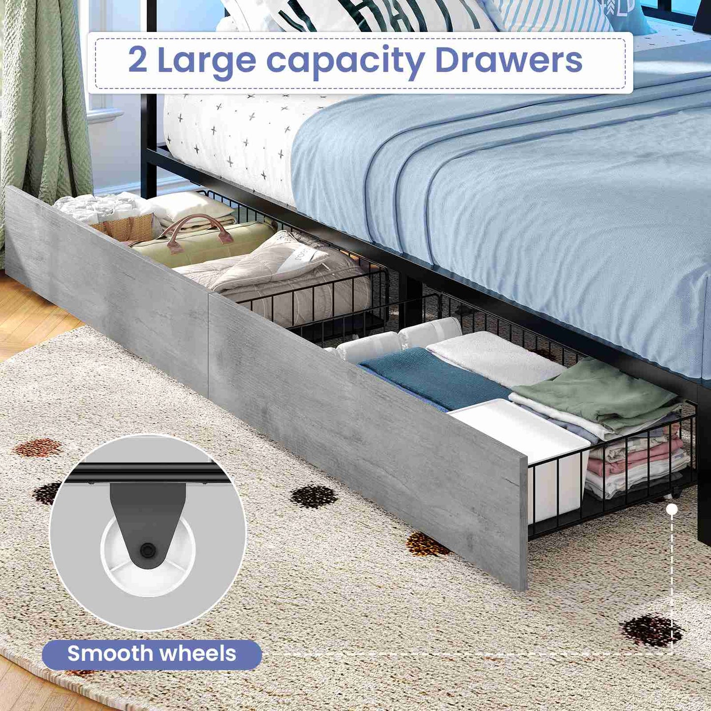 Hasuit | Corner Bed Frame with 2 Storage Drawers Modern Daybed with Charging Station and LED Lights for Kids Teenagers Grey Three Sizes