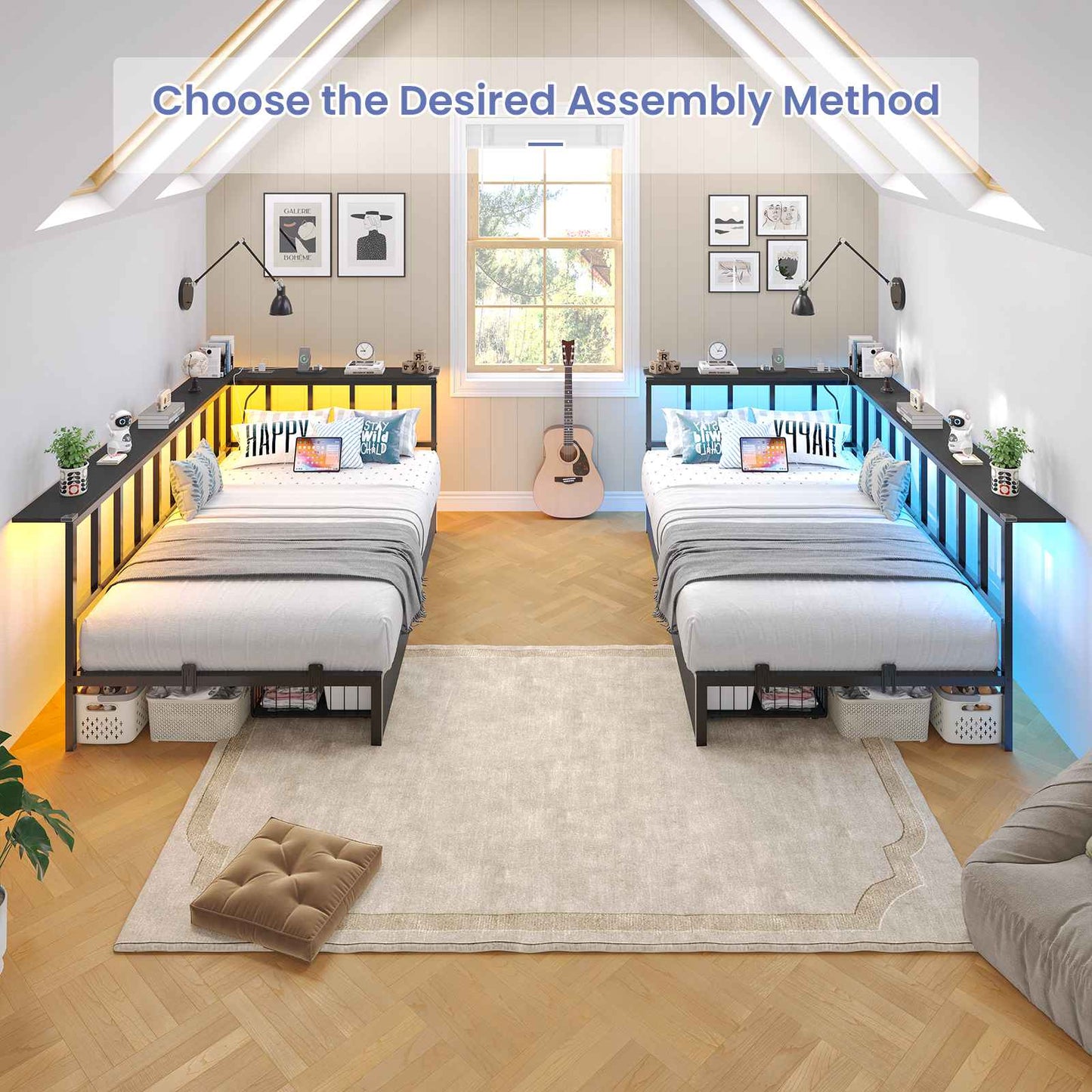 Hasuit | Corner Bed Frame with 2 Storage Drawers Modern Daybed with Charging Station and LED Lights for Kids Teenagers Black Two Sizes