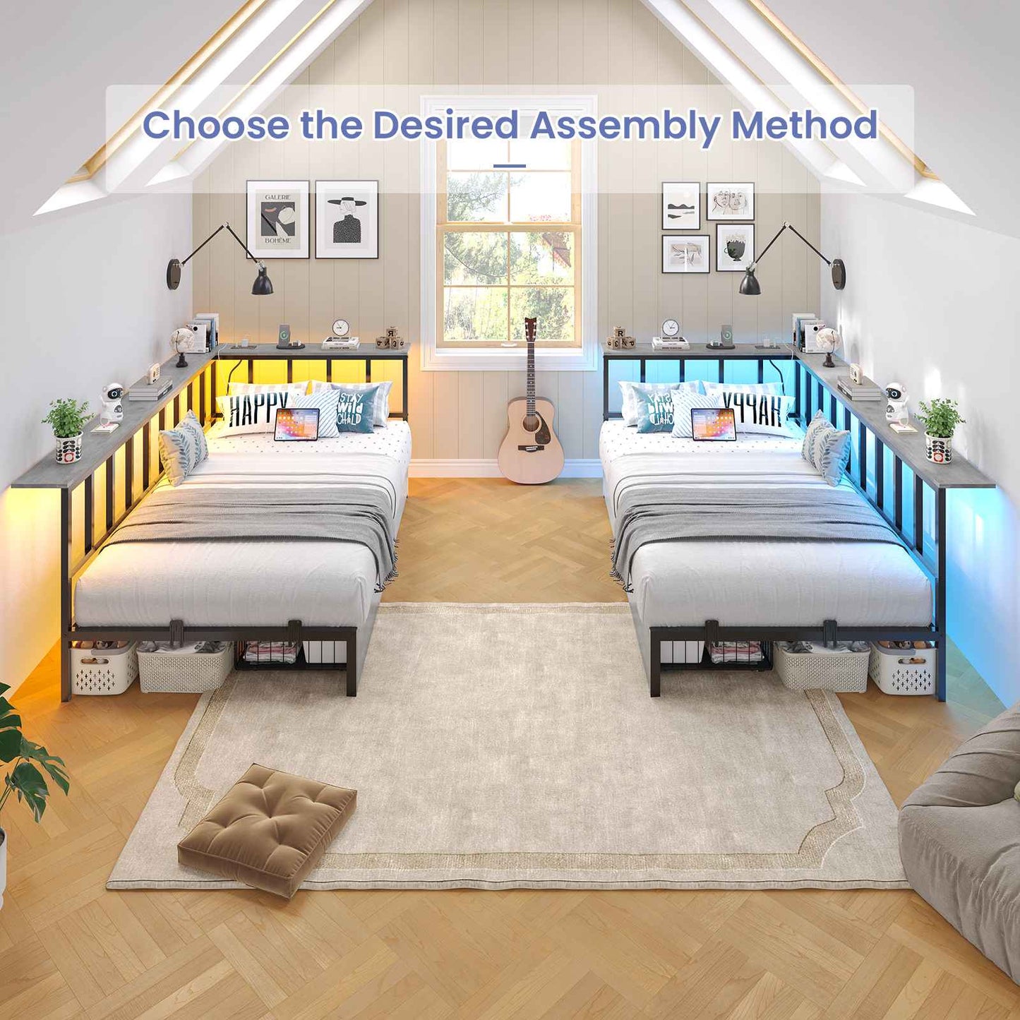 Hasuit | Corner Bed Frame with 2 Storage Drawers Modern Daybed with Charging Station and LED Lights for Kids Teenagers Grey Three Sizes