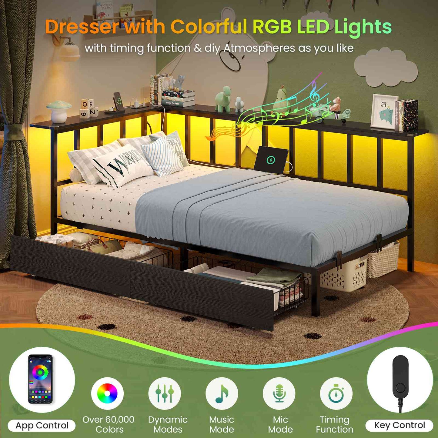 Hasuit | Corner Bed Frame with 2 Storage Drawers Modern Daybed with Charging Station and LED Lights for Kids Teenagers Black Two Sizes