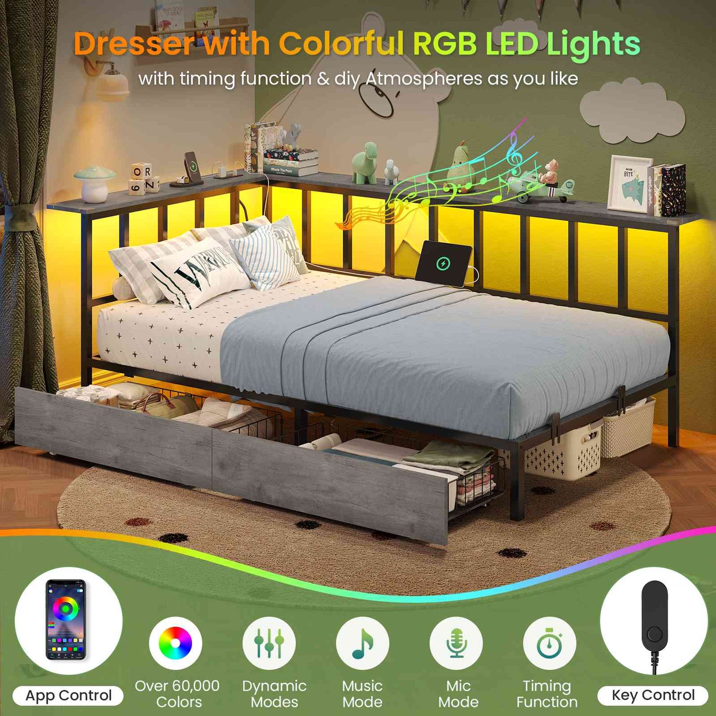 Hasuit | Corner Bed Frame with 2 Storage Drawers Modern Daybed with Charging Station and LED Lights for Kids Teenagers Grey Three Sizes